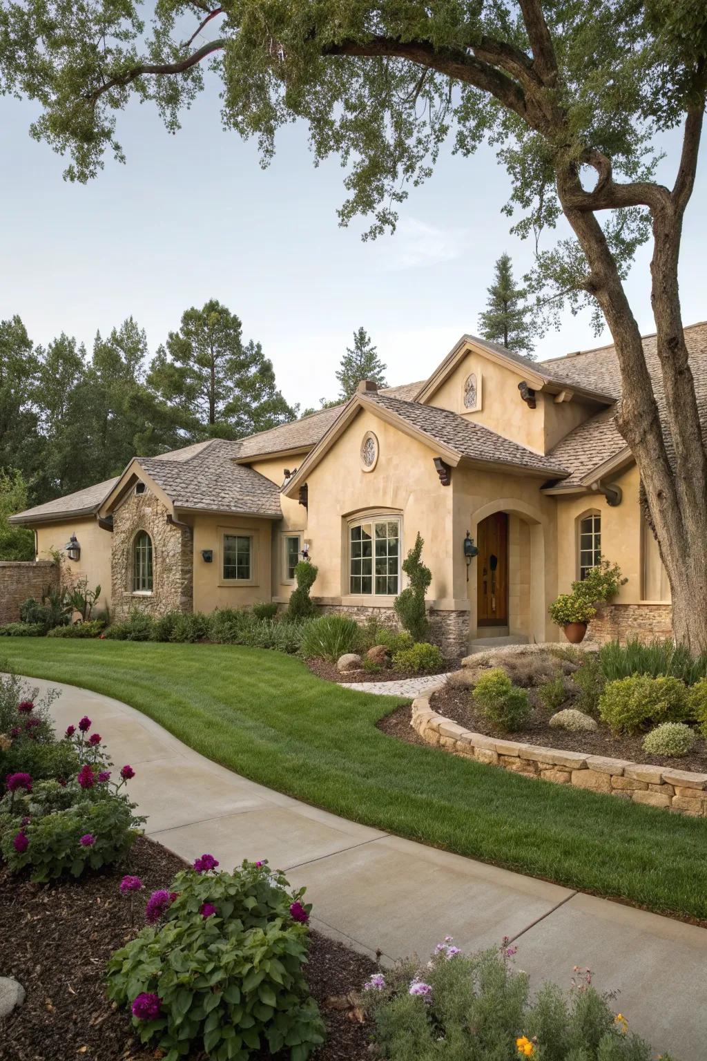 Stucco siding provides understated elegance.
