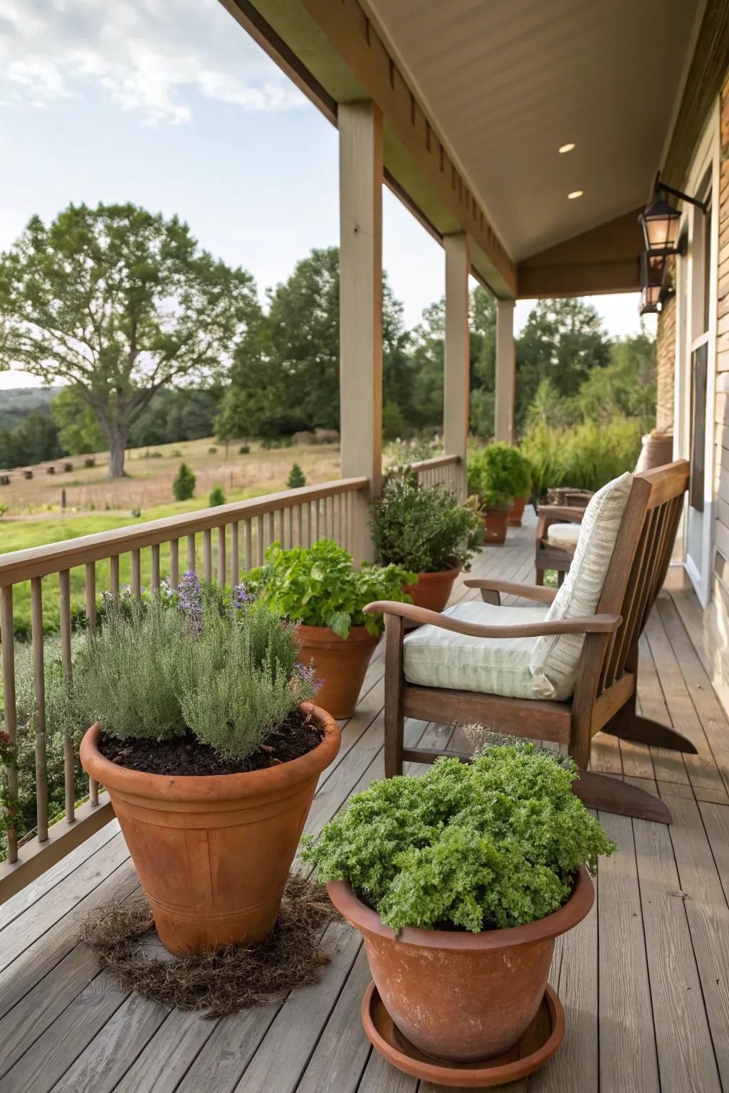 A quaint herb garden adds both beauty and function to the porch.