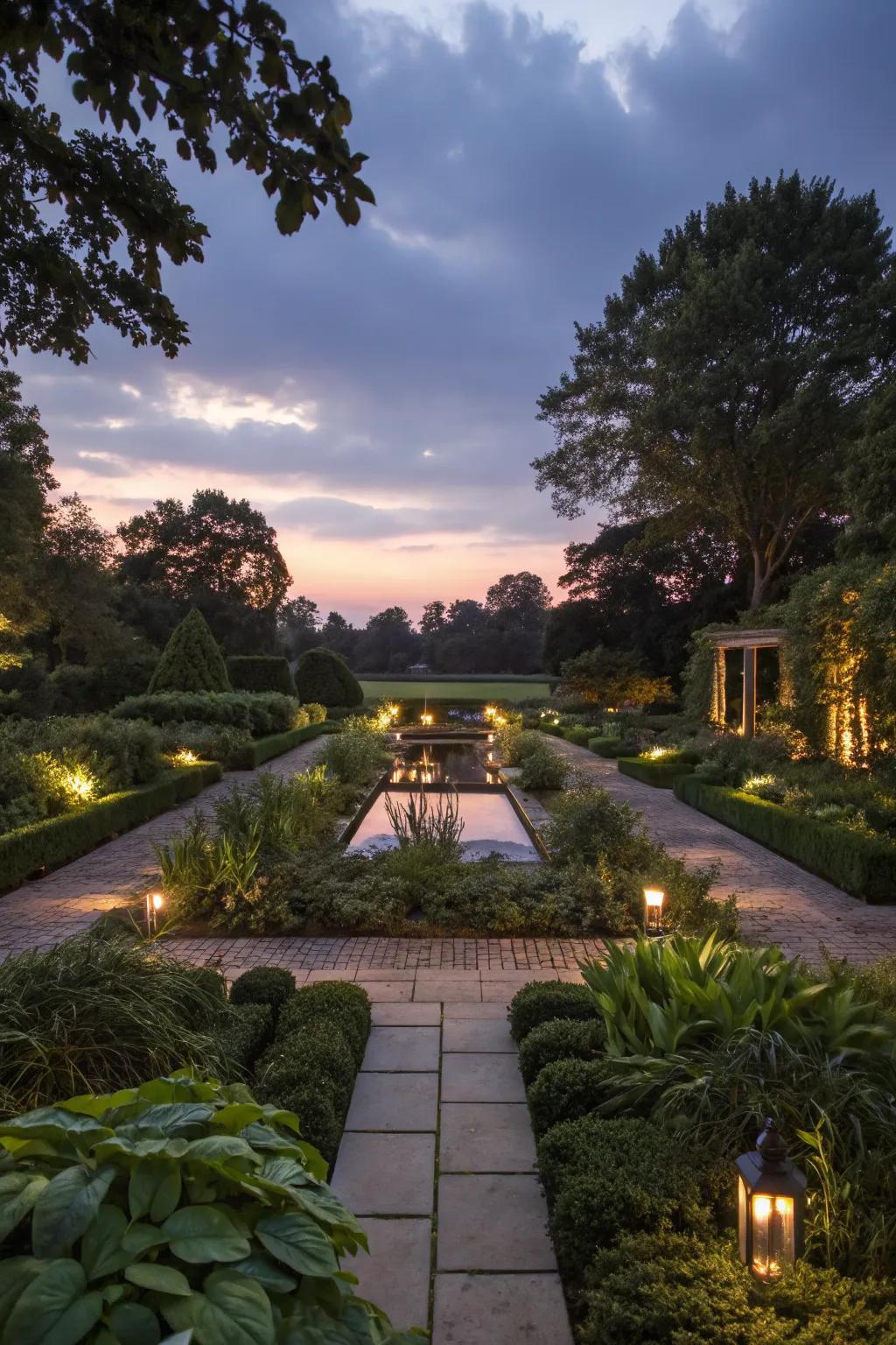 Garden lighting enhances the beauty of a rectangular garden