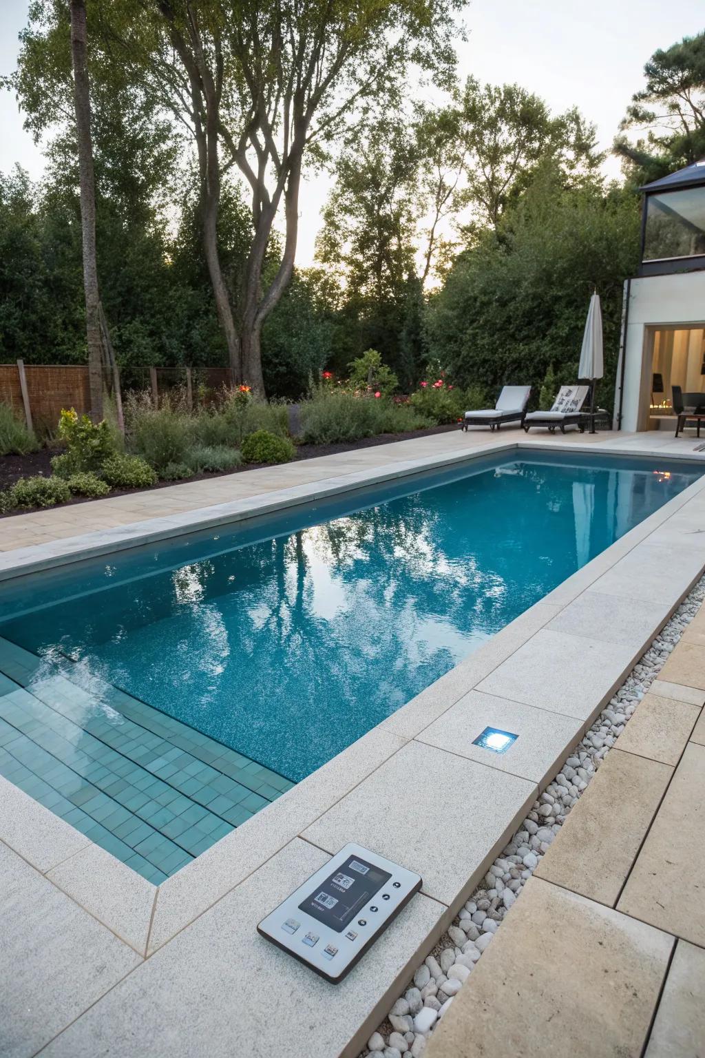 A rectangular pool seamlessly integrated with hidden smart technology controls