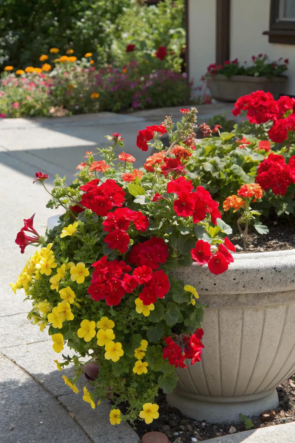 Mini petunia charm of calibrachoa adds a playful touch to red geraniums.