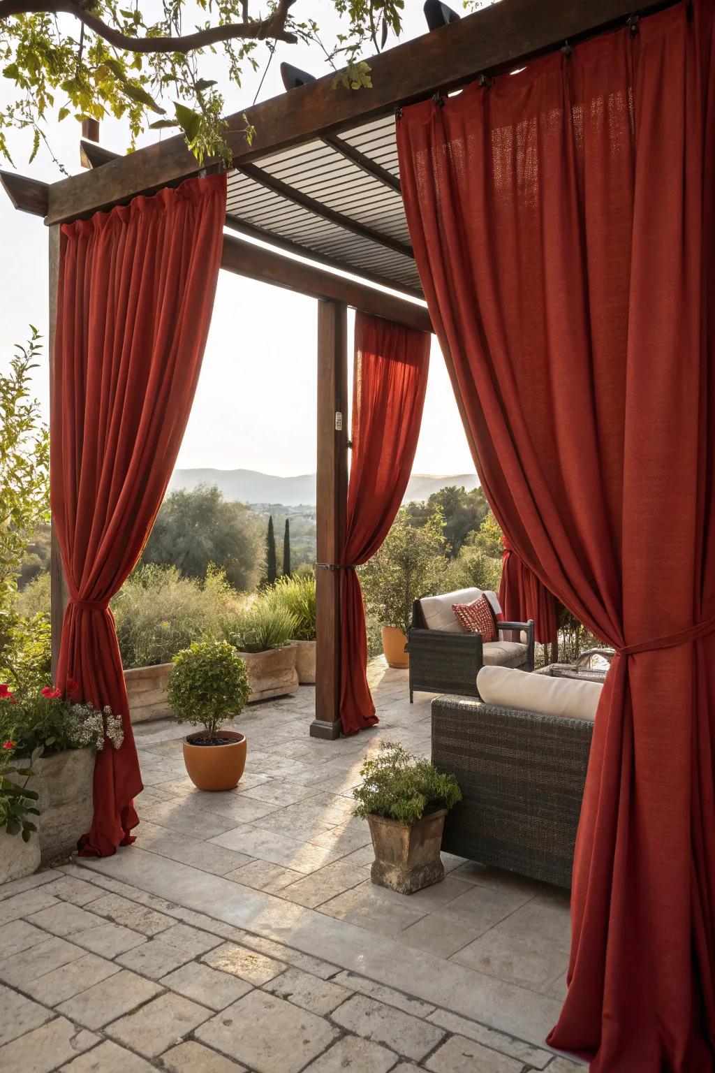Red curtains adding elegance and privacy to the patio.