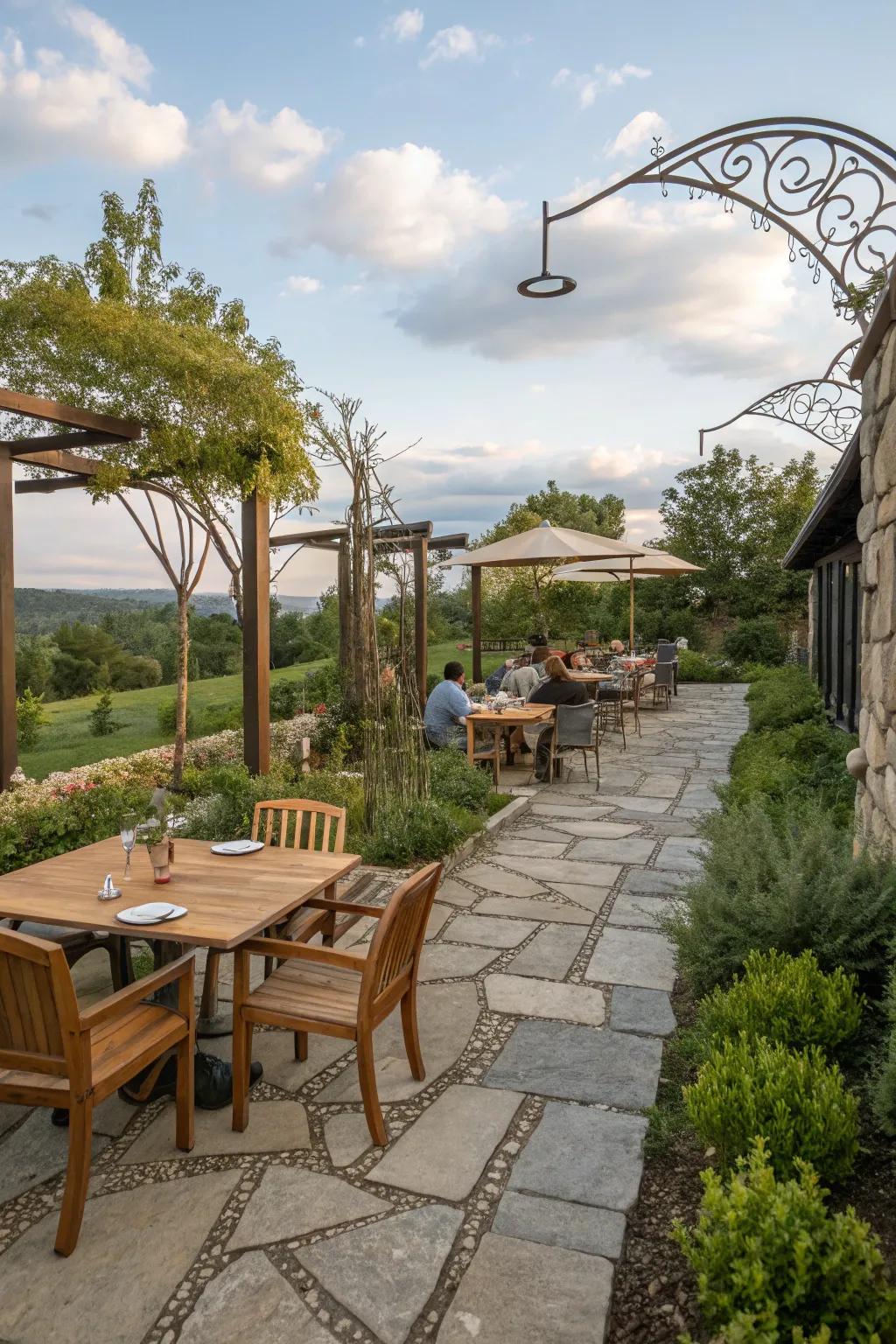 Textured materials add depth and visual interest to outdoor dining spaces.
