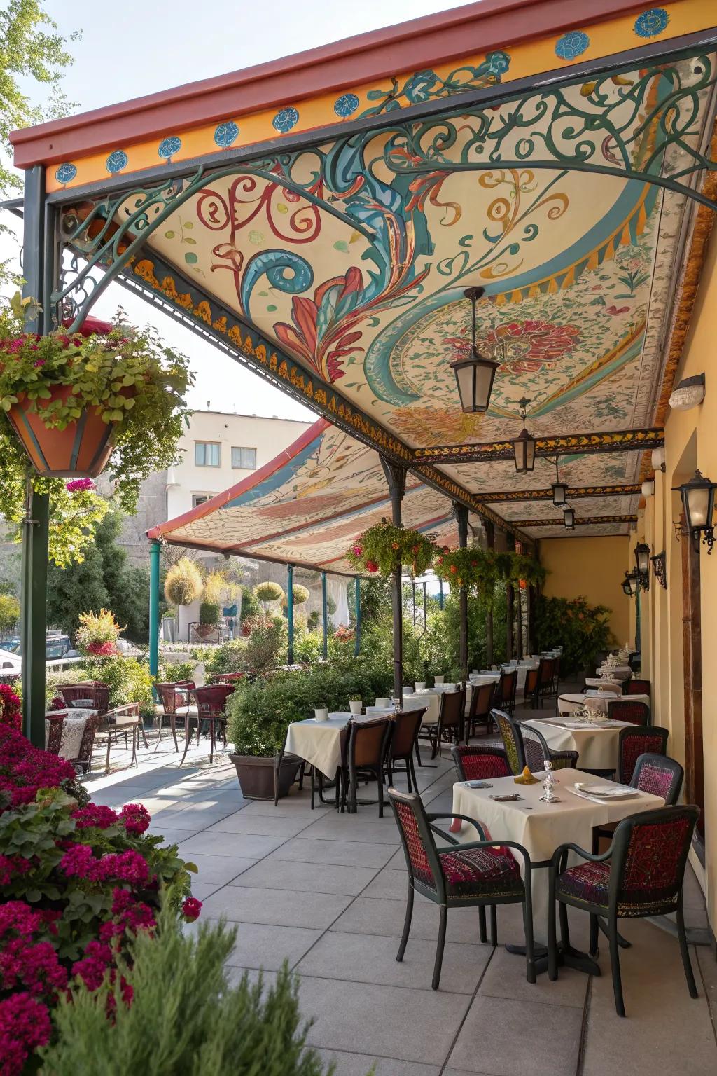 A vibrant patio featuring an artistically painted canopy.