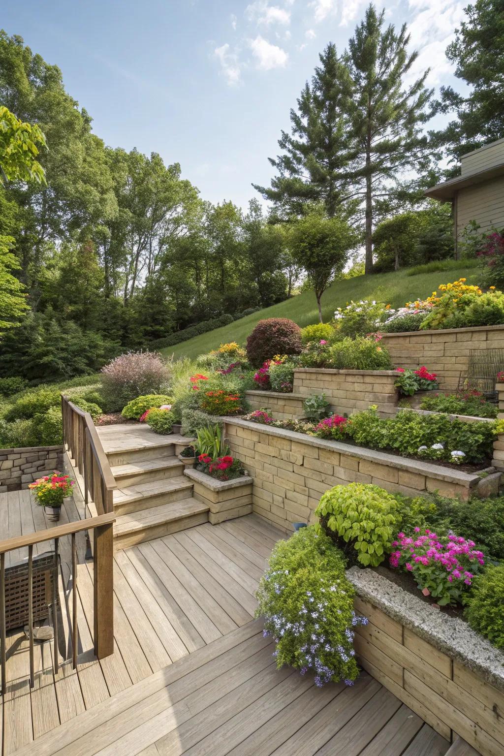 Terraced plantings enhance garden depth and beauty.
