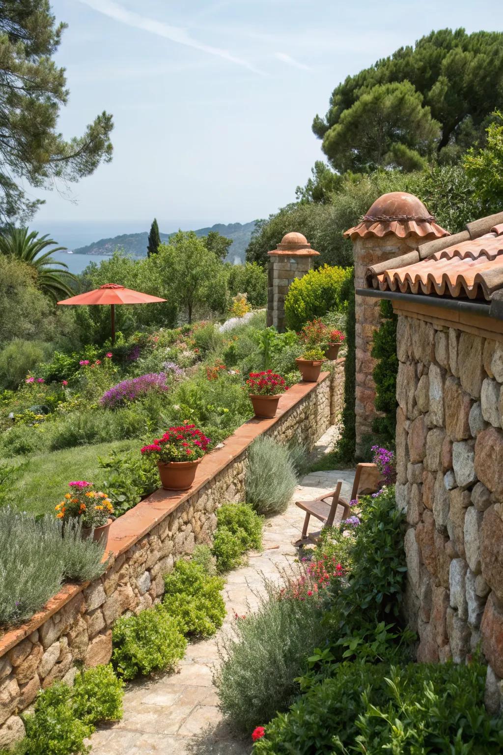 Terracotta caps infuse gardens with Mediterranean warmth.