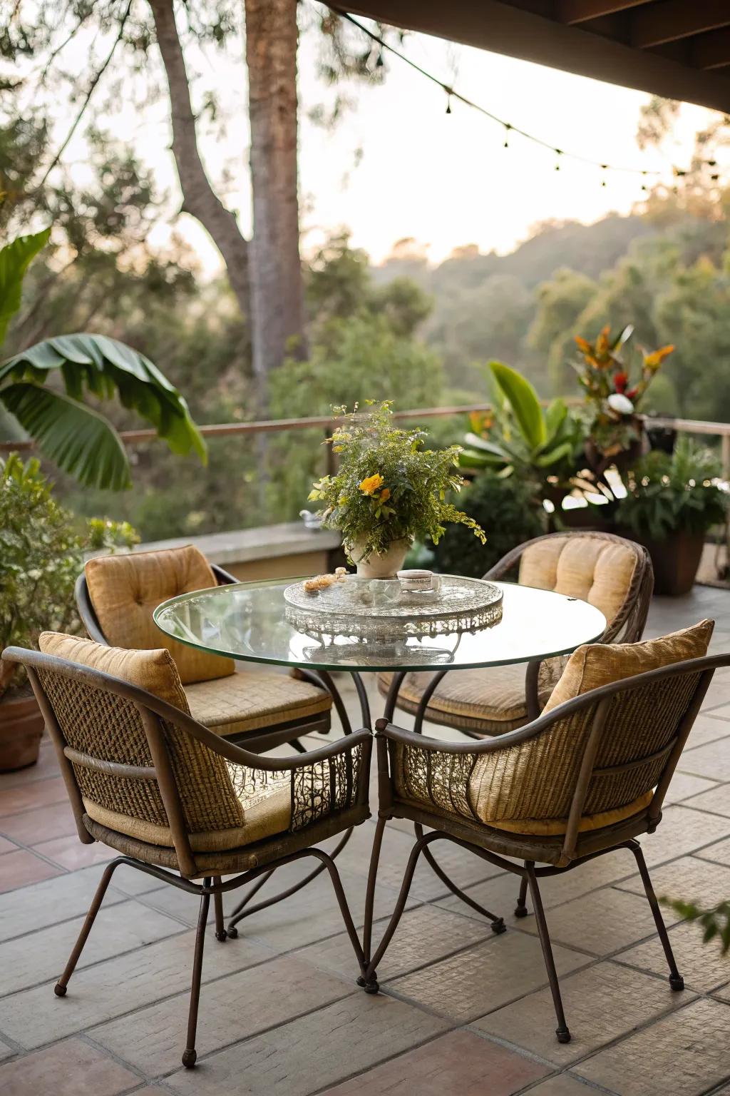 Sleek glass-topped table for a modern retro twist.