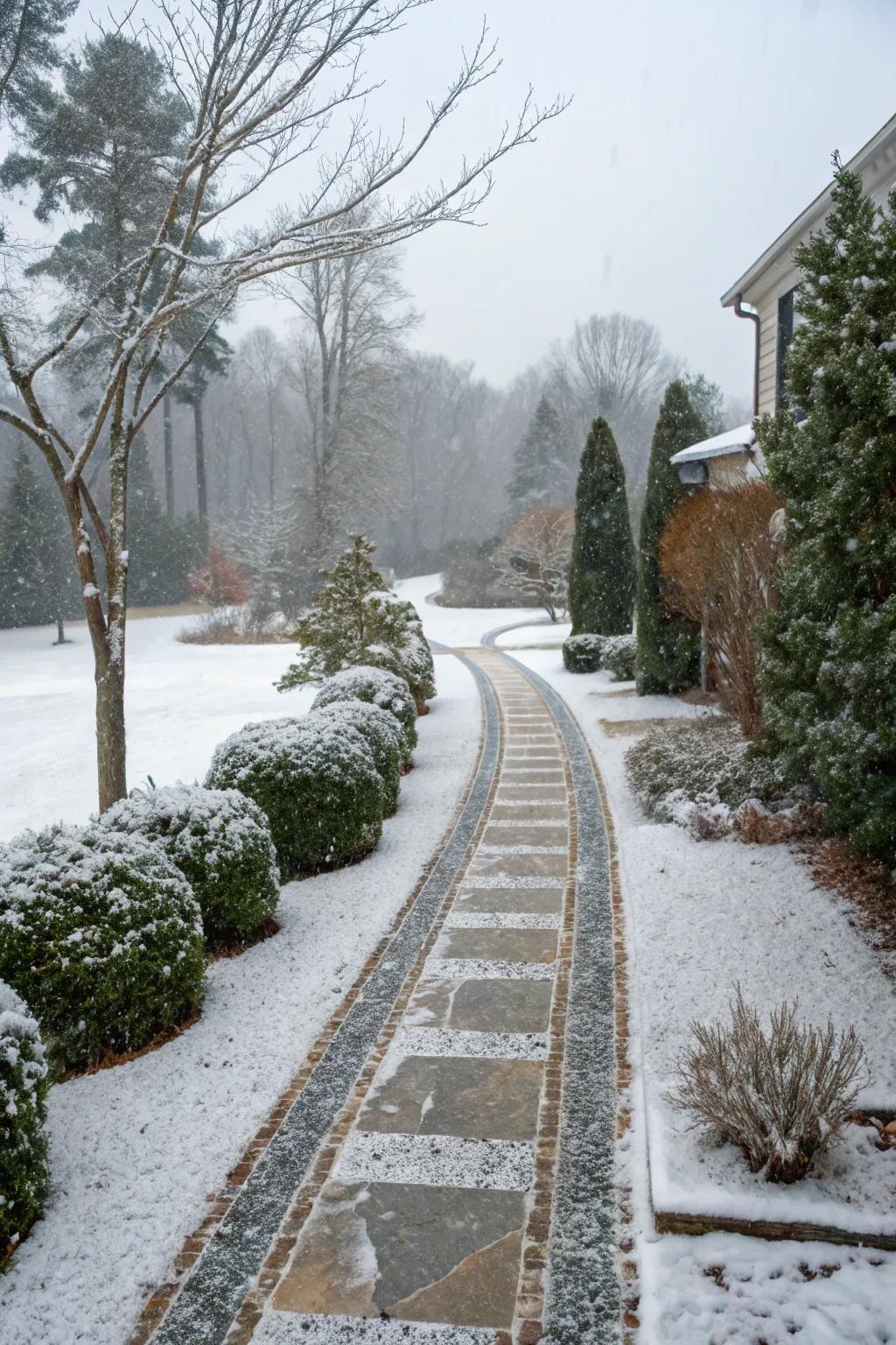 A winter-friendly ribbon driveway with granite strips and evergreen shrubs.