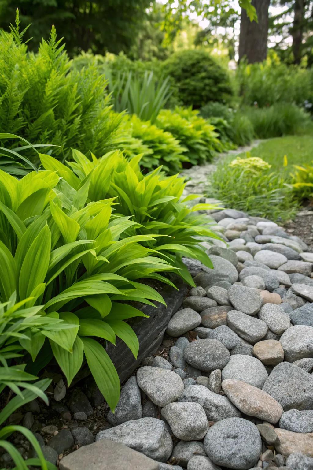 Riprap stones providing a beautiful contrast with lush greenery in a garden.