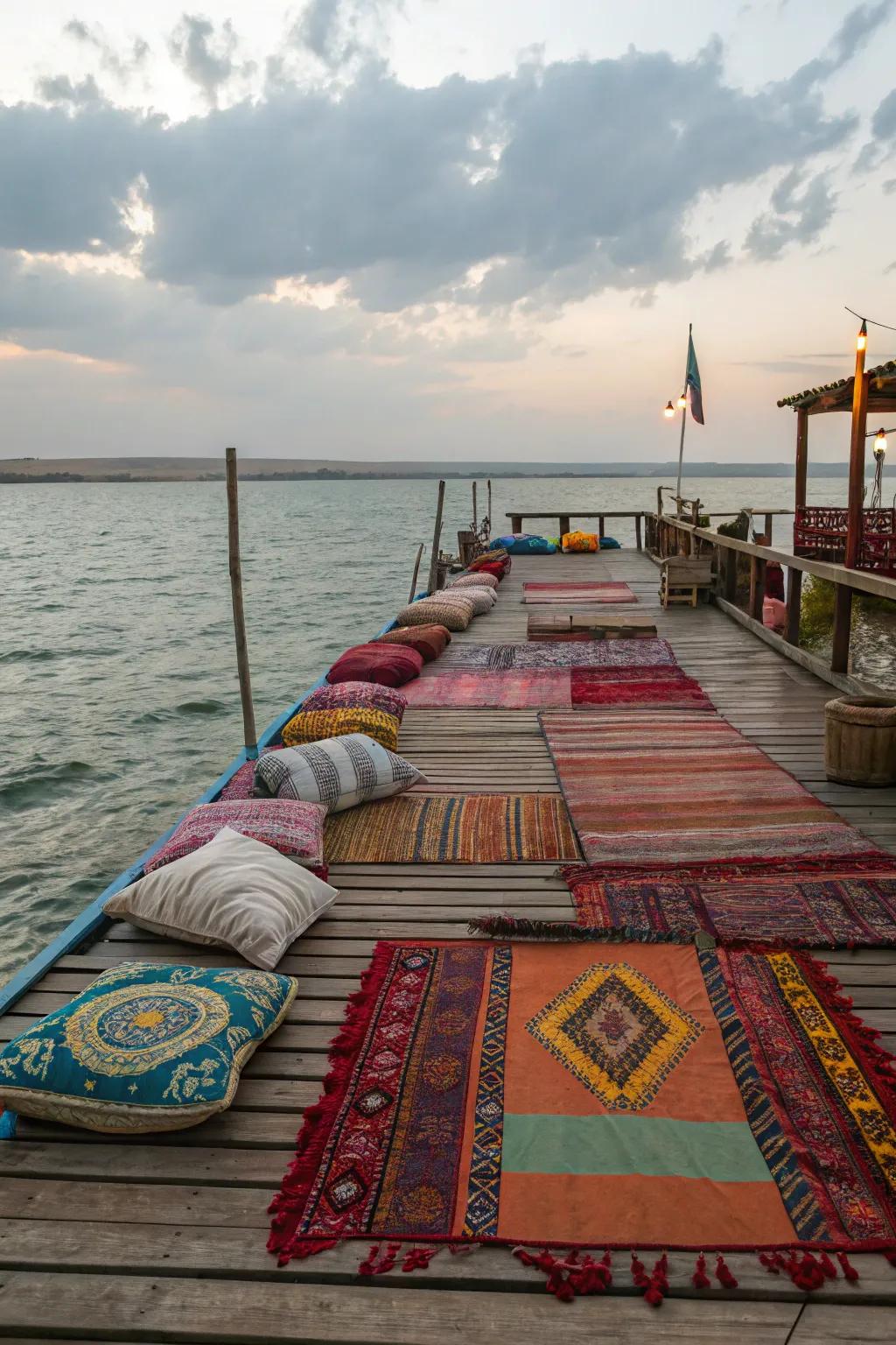 Colorful rugs bringing a pop of personality to the dock space.