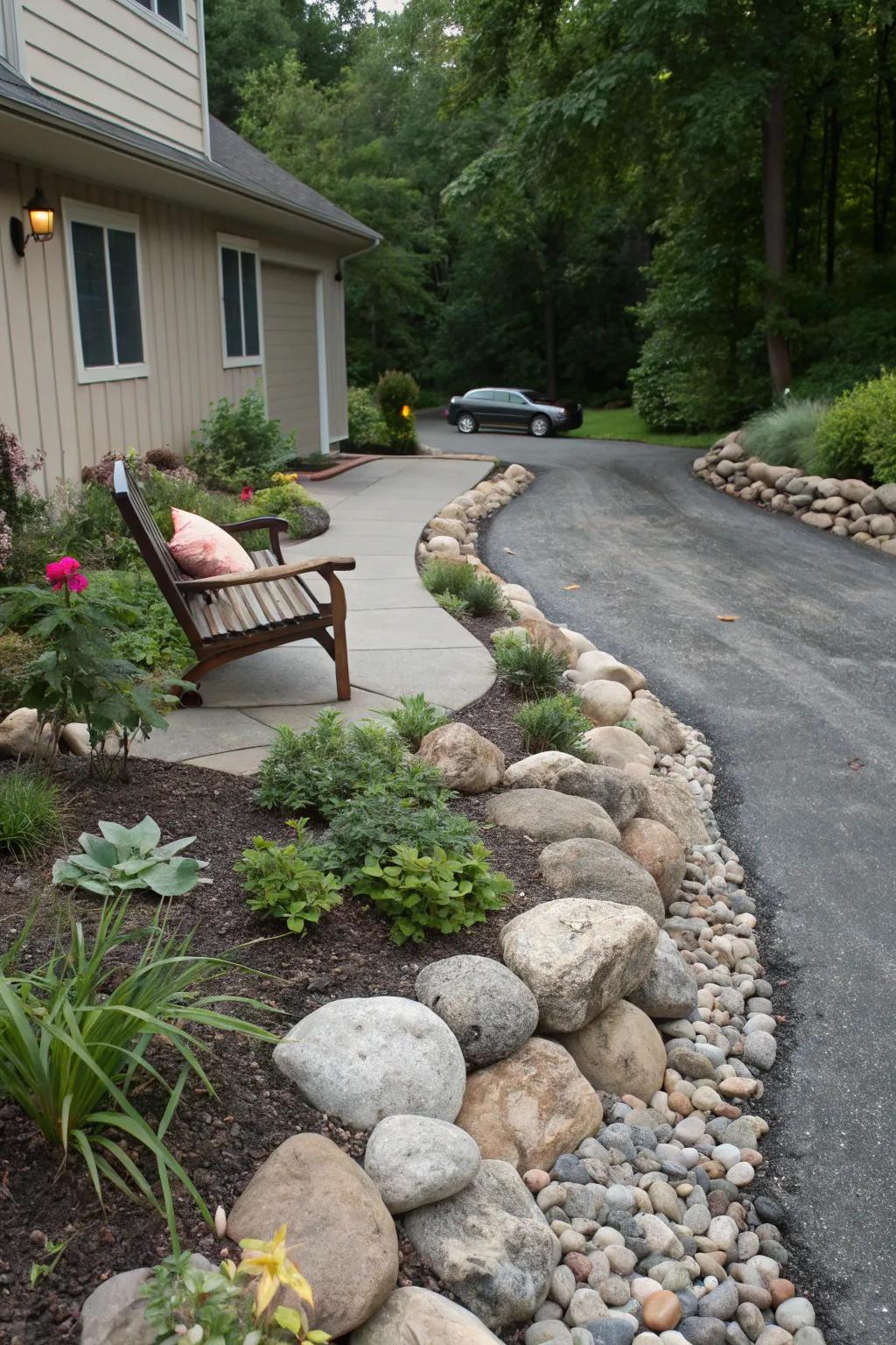 Cozy seating nook with river rock borders for a relaxing retreat.