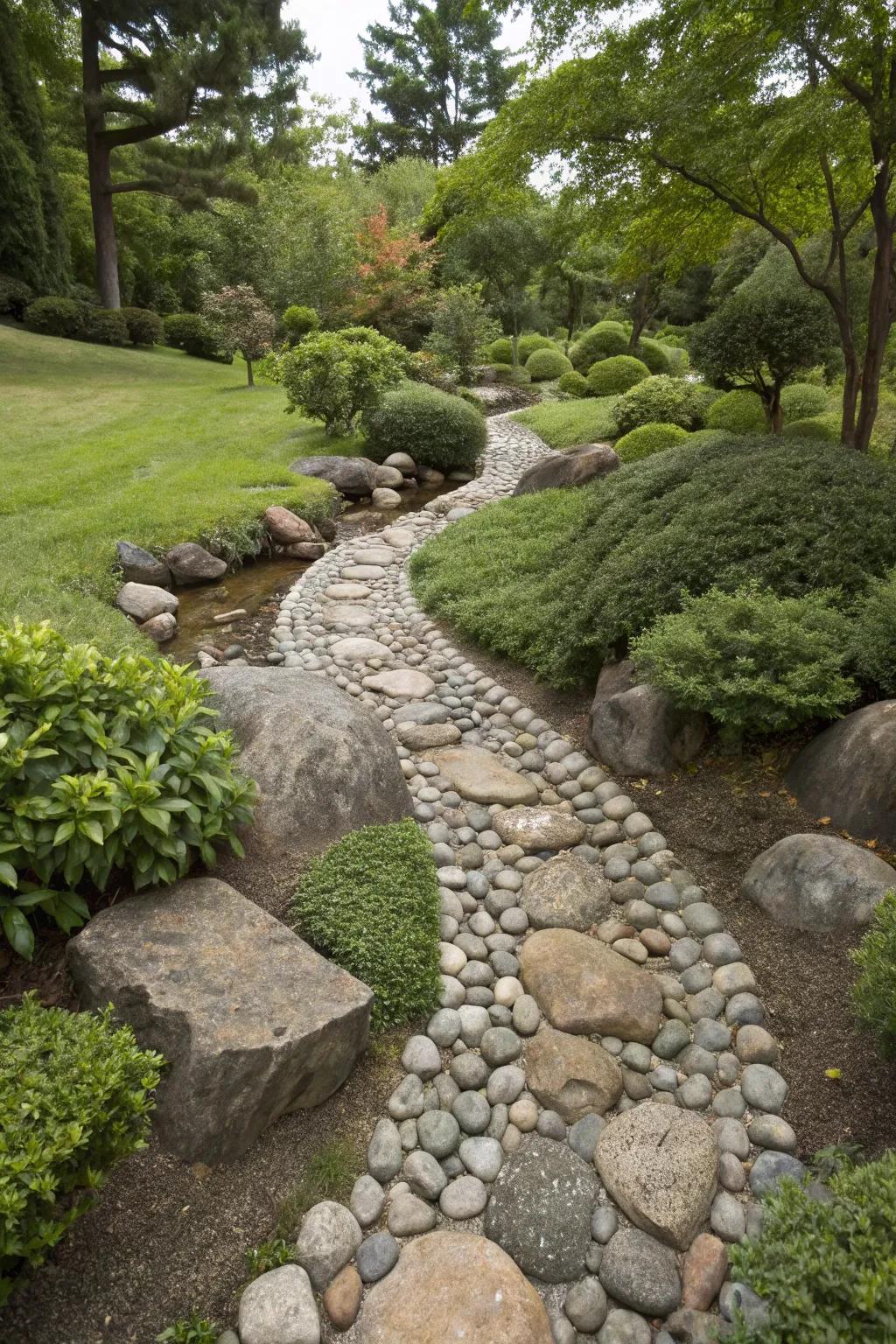 A river rock path mimics a natural stream, adding whimsy to your yard.