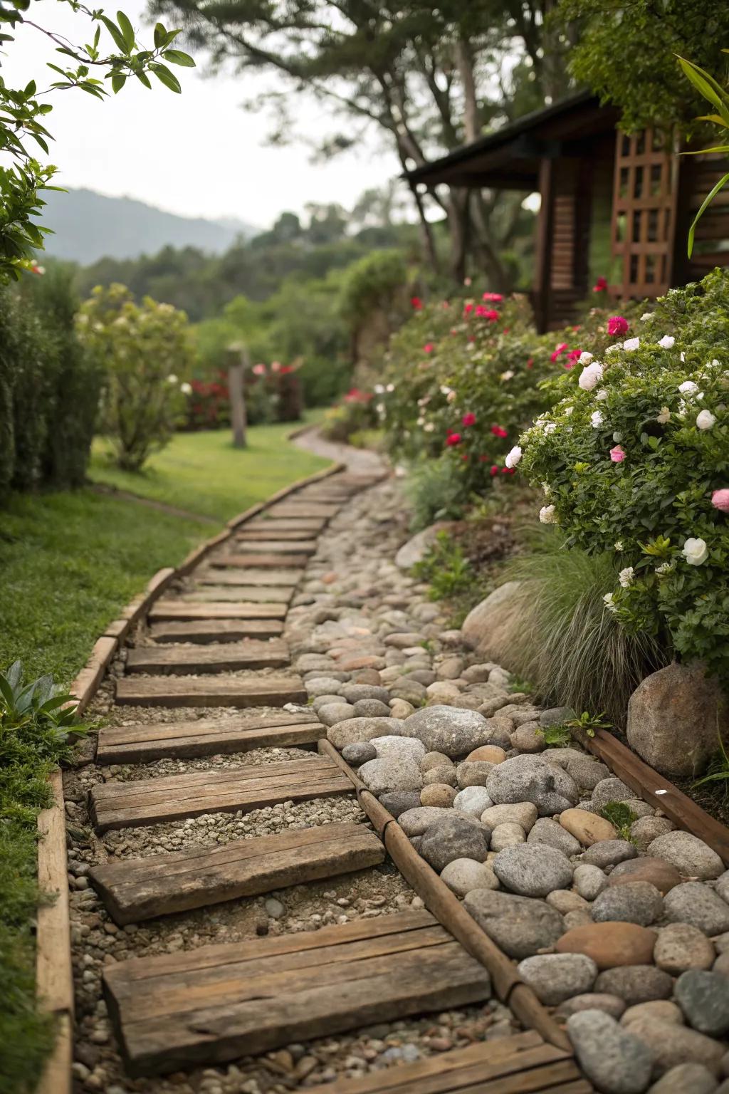 A rustic retreat featuring a river rock path.