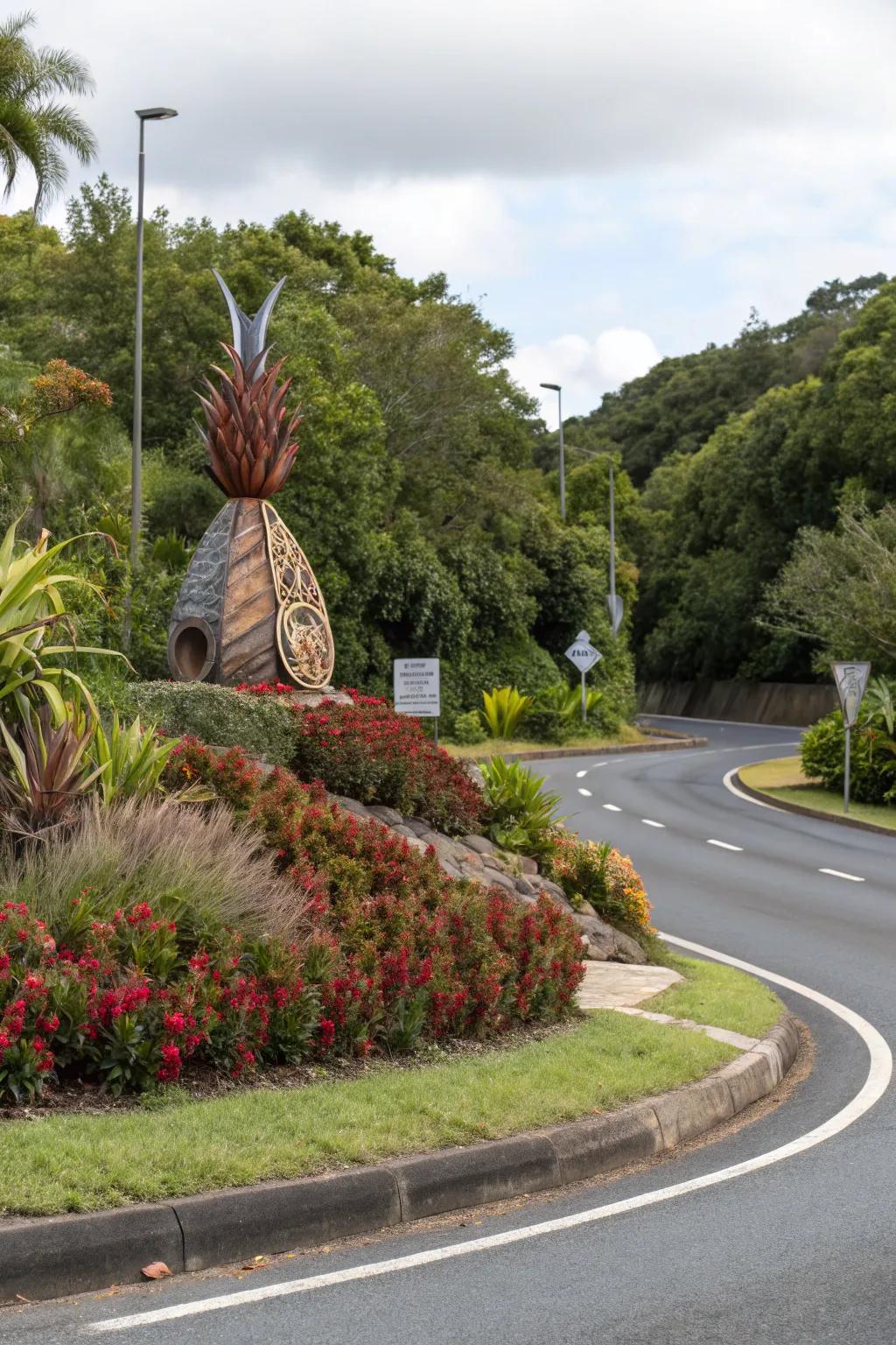 Artistic sculptures add a creative flair to landscaping.