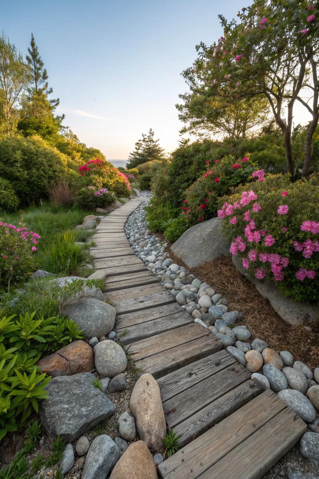 Rock and wood plank combination in garden path