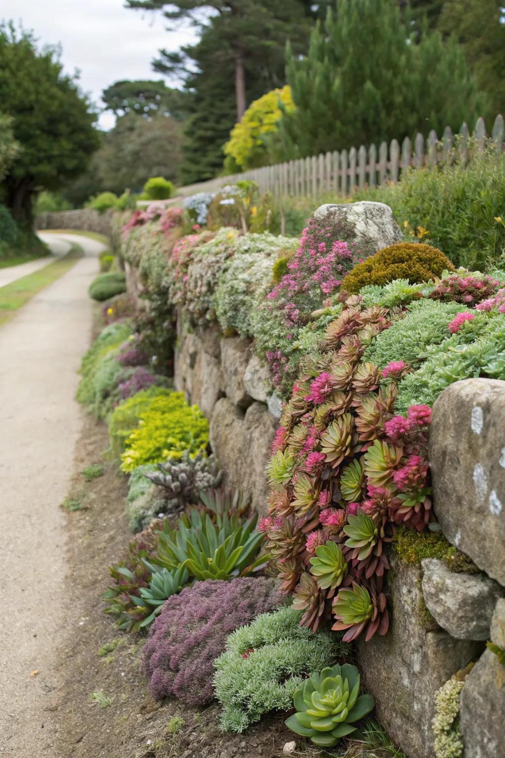 A lush rock fence enhanced with vibrant succulents.