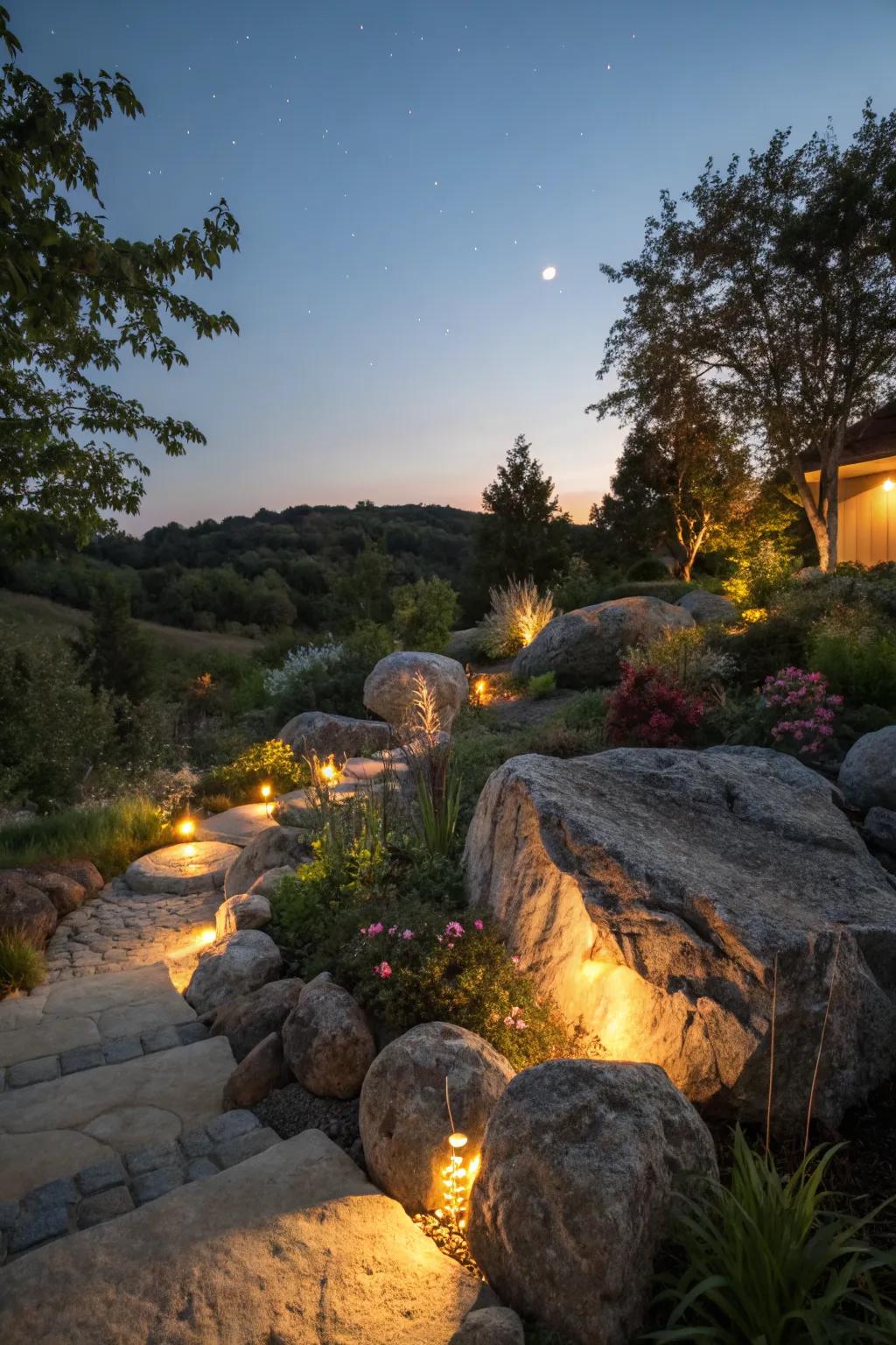 Solar lighting transforms your garden into a nighttime wonderland.