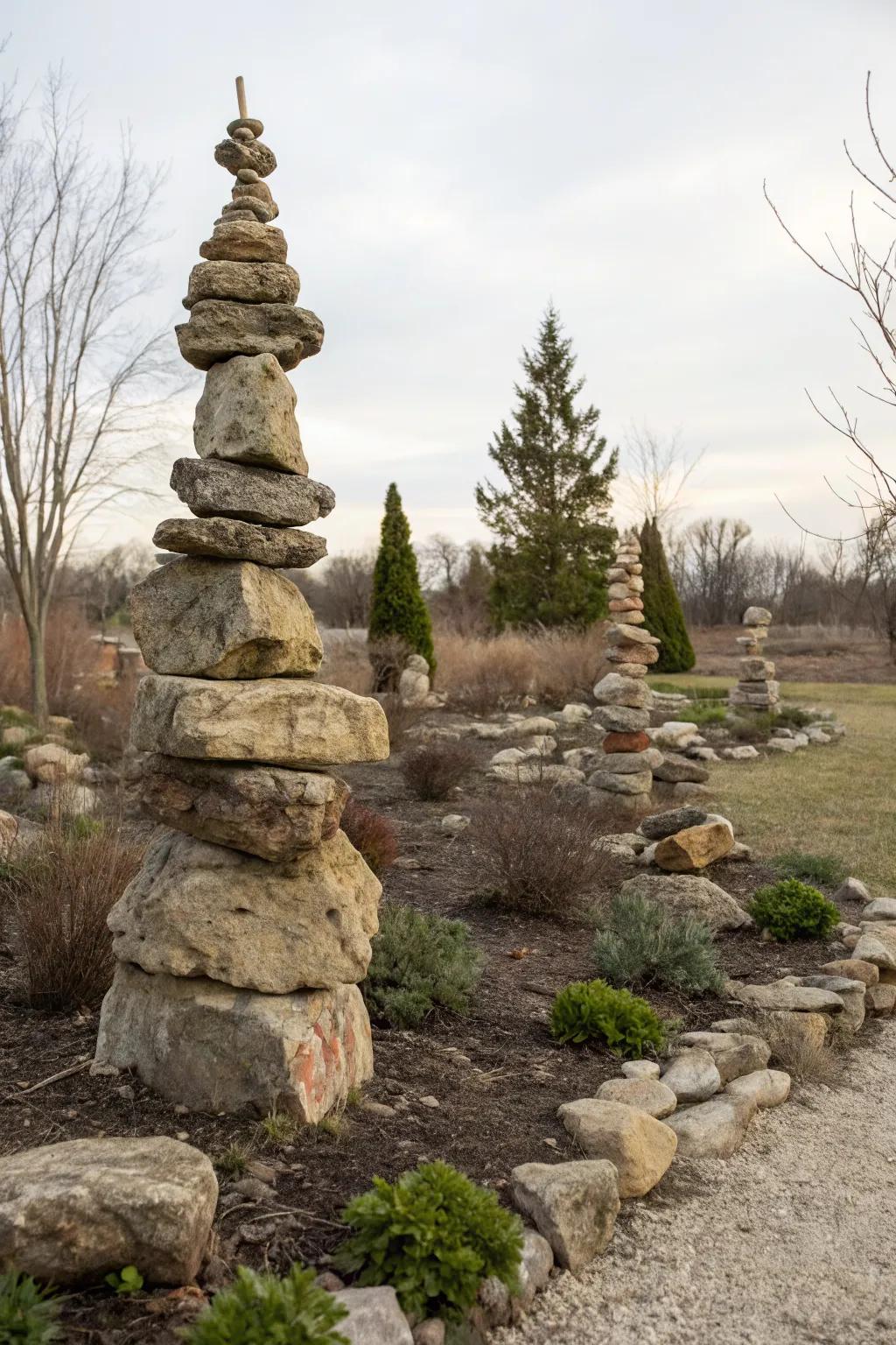 Whimsical rock towers add a playful and creative element to the garden.