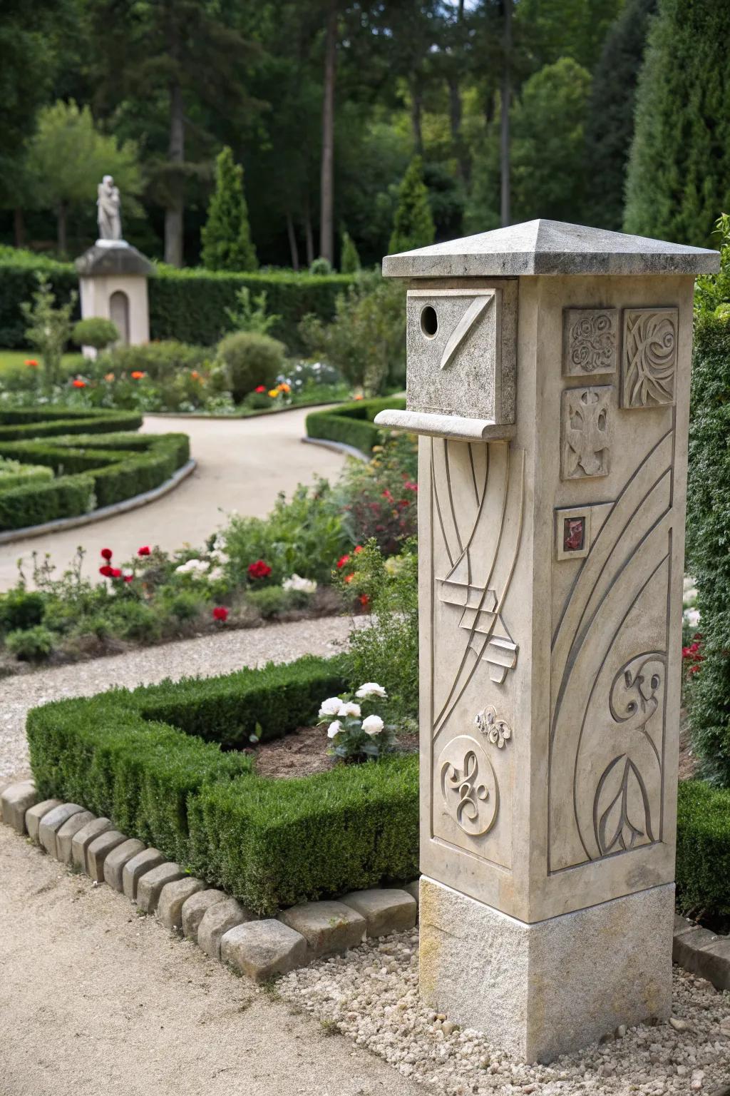 A sculptural stone mailbox that serves as an artistic focal point in any outdoor space.