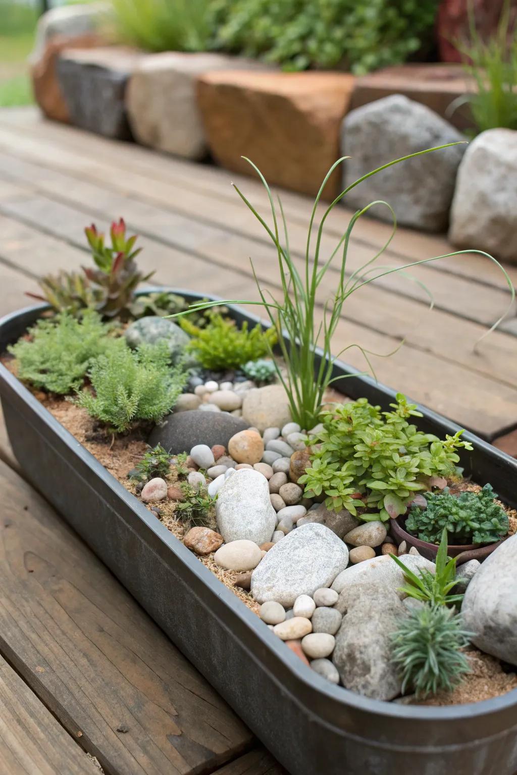 A charming miniature rock garden in a container.