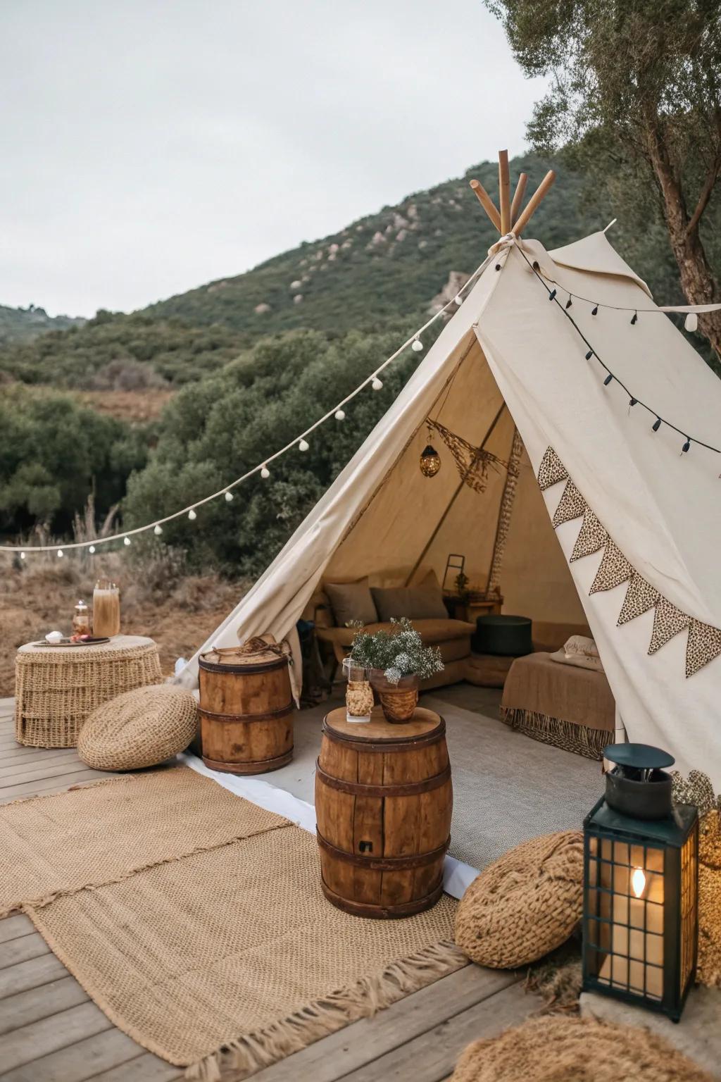 Rustic decor adds warmth and charm to a tent.