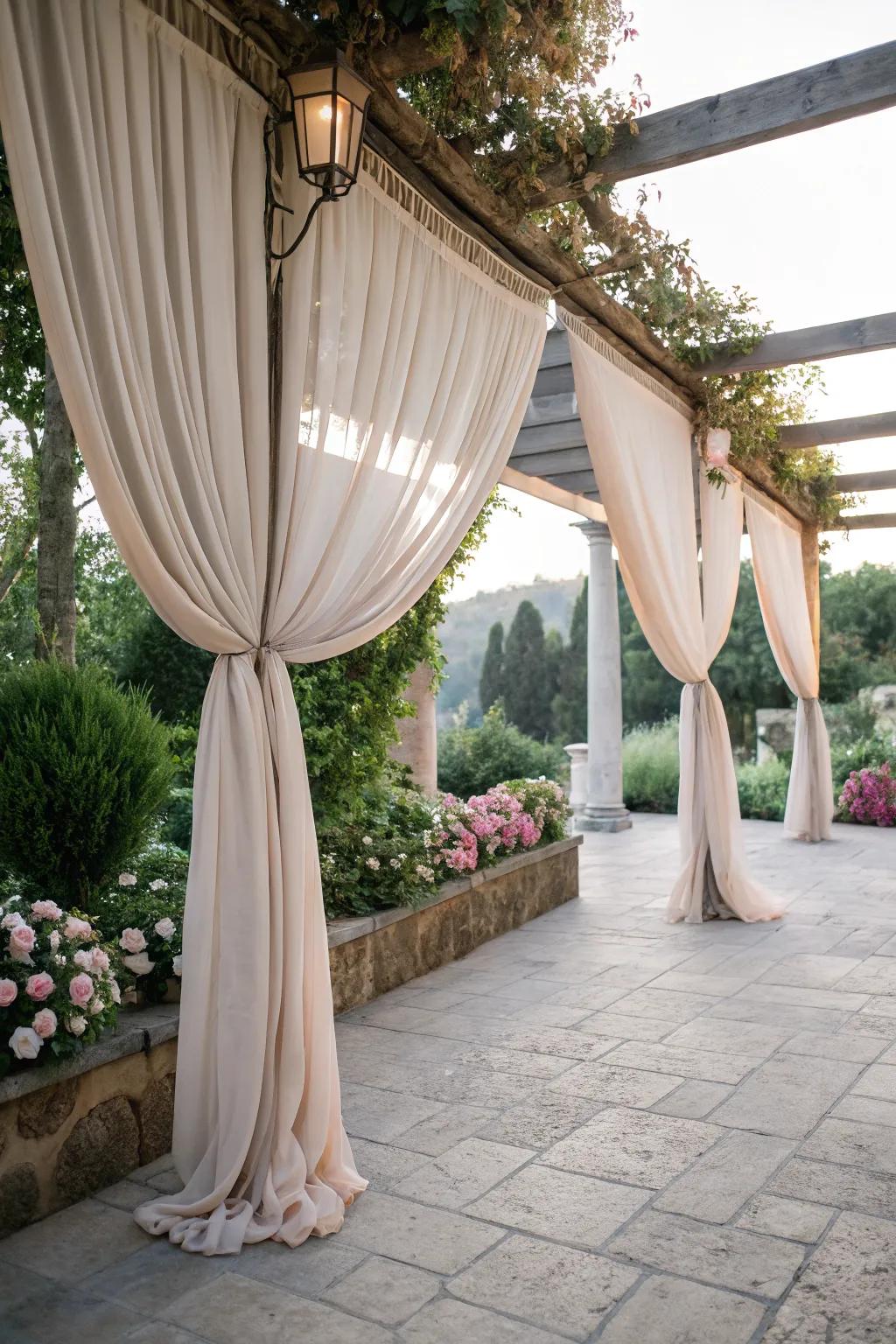 Fabric canopy drapes add elegance and a romantic atmosphere.