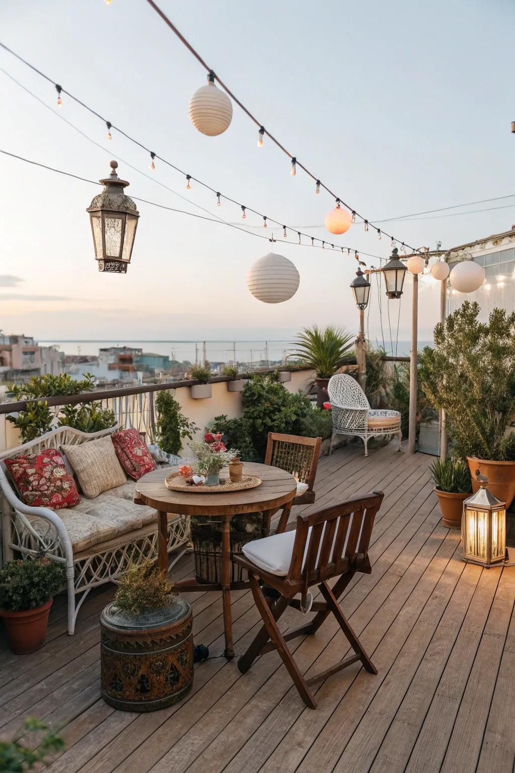A rooftop deck exuding vintage charm and elegance.
