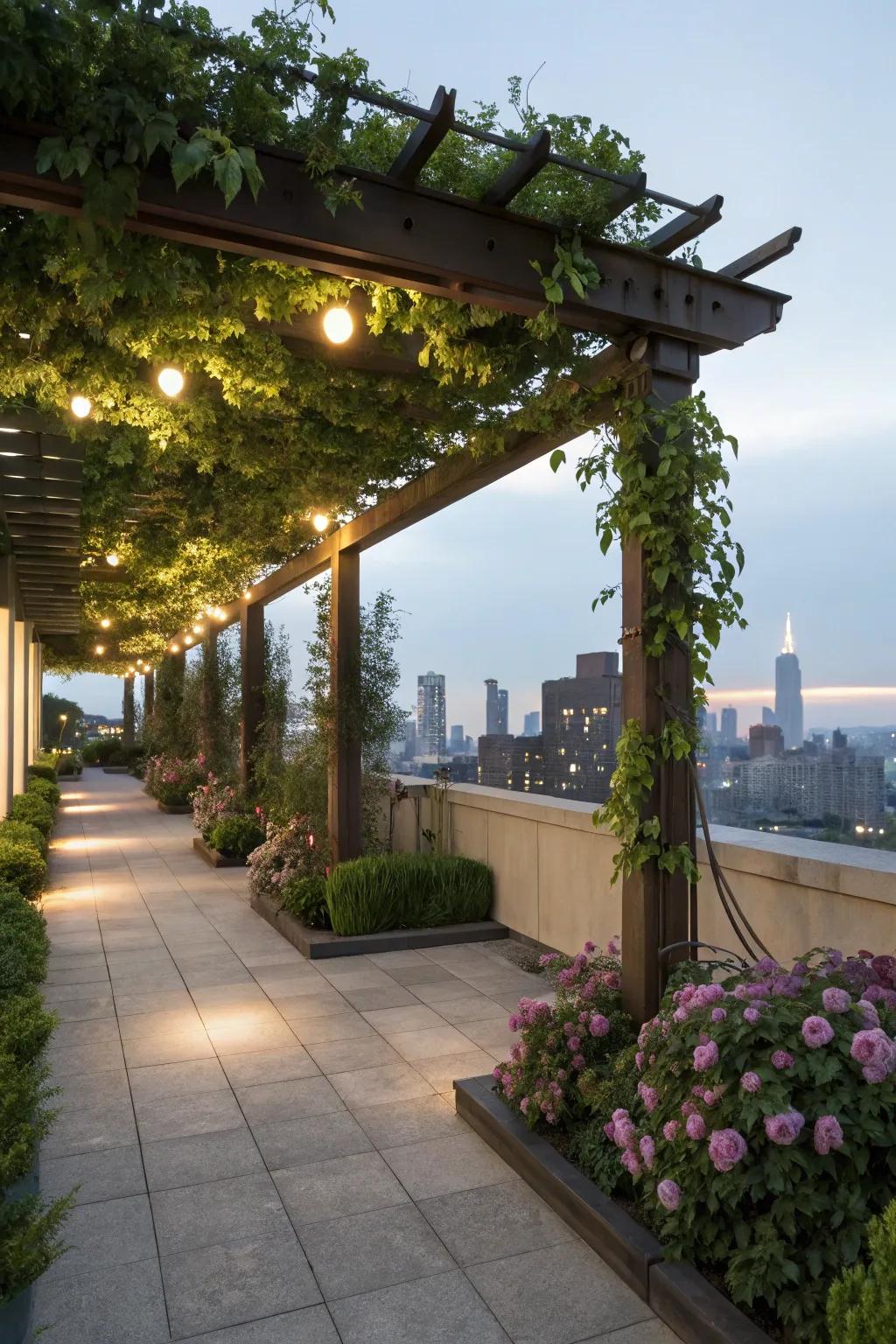 Integrated lighting adds a sleek, modern touch to the pergola.