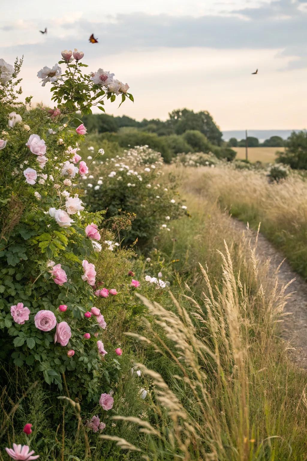 A corner of wild roses adds a natural, untamed beauty to the garden.