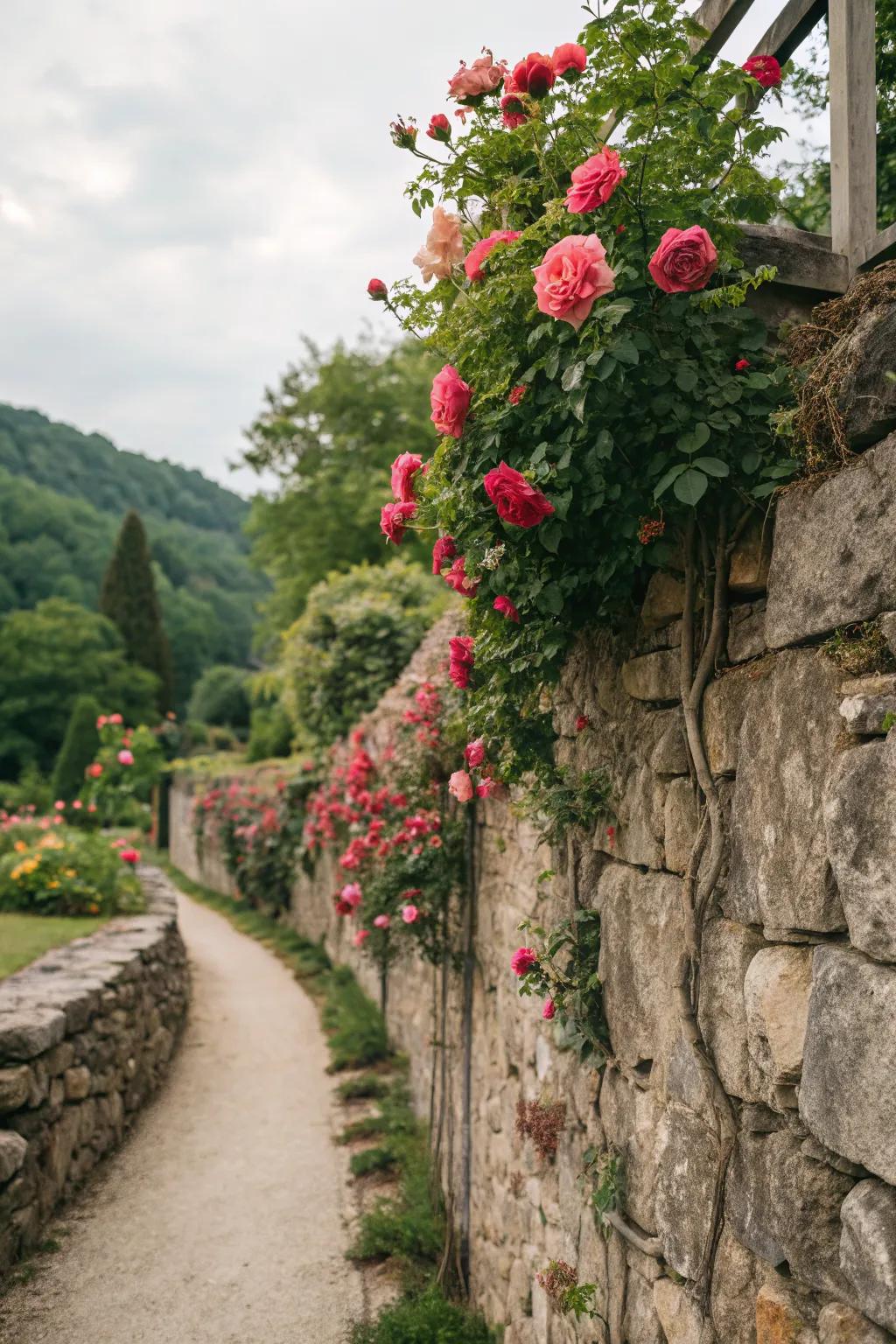 Roses cascading over rock walls for added charm.