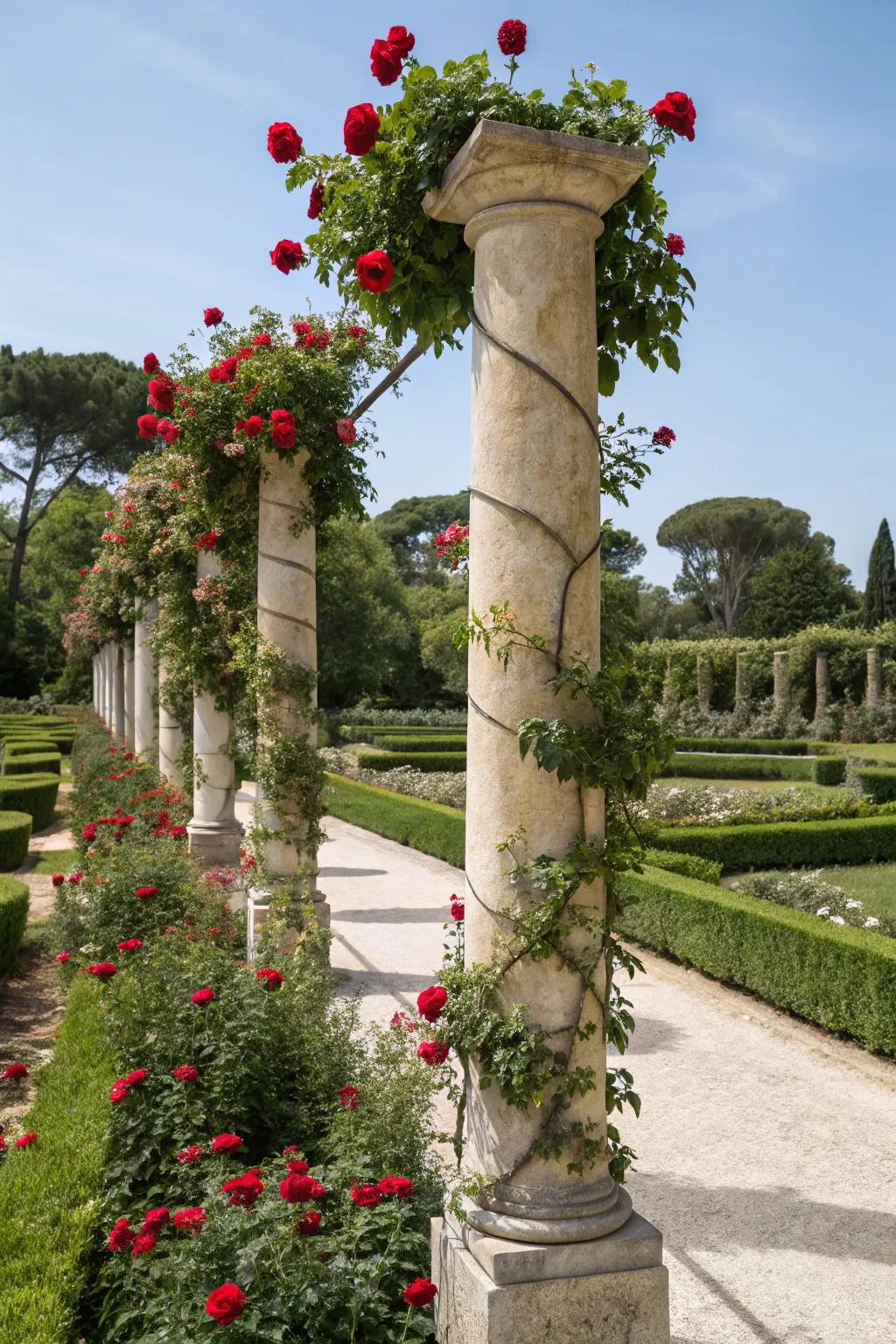 Timeless stone pillars providing grand rose support.