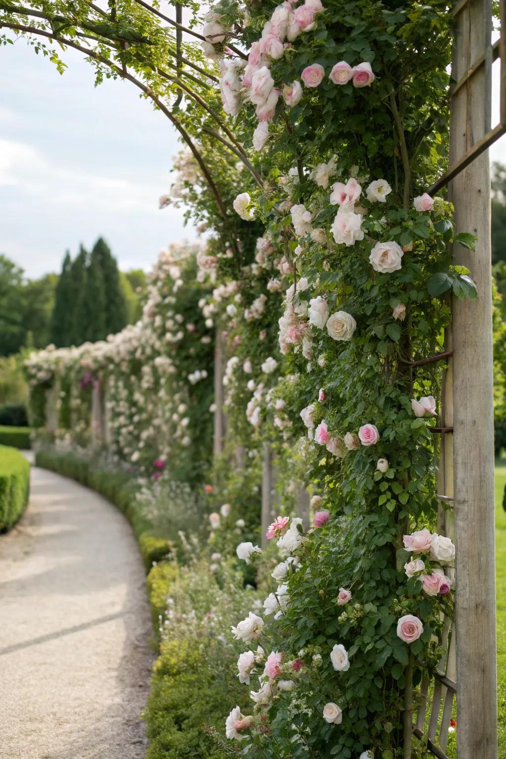 Rose-covered trellises add vertical charm and structure to any garden.