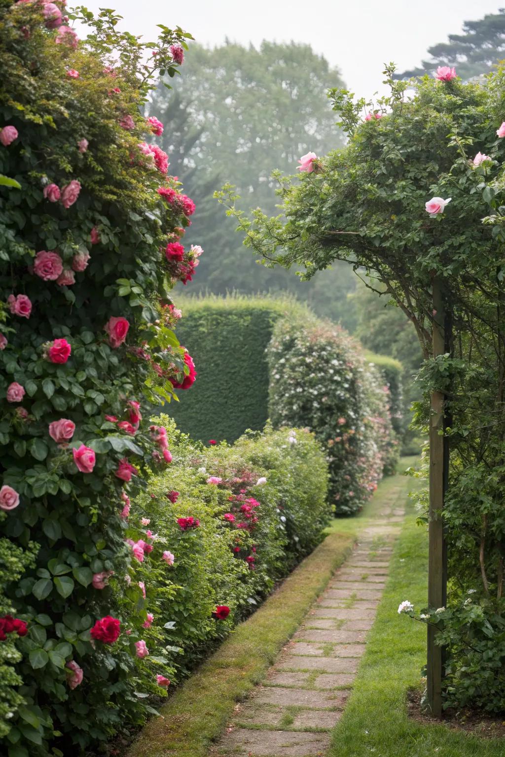 A natural privacy screen with tall roses for secluded garden areas.