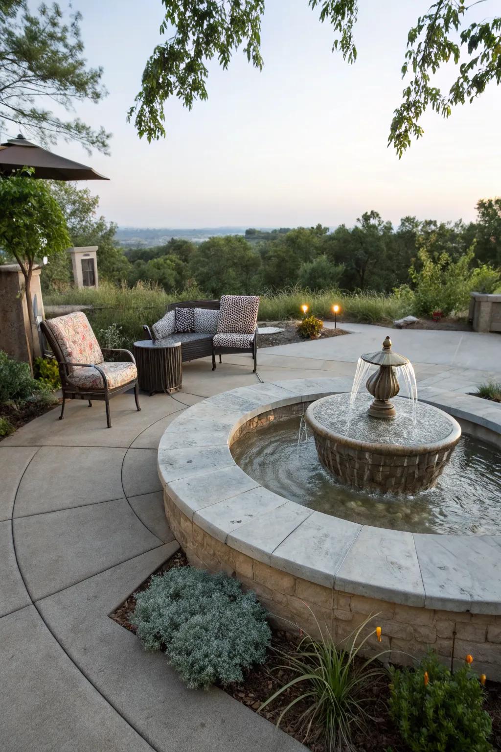 A water feature adds tranquility and charm to the patio space.