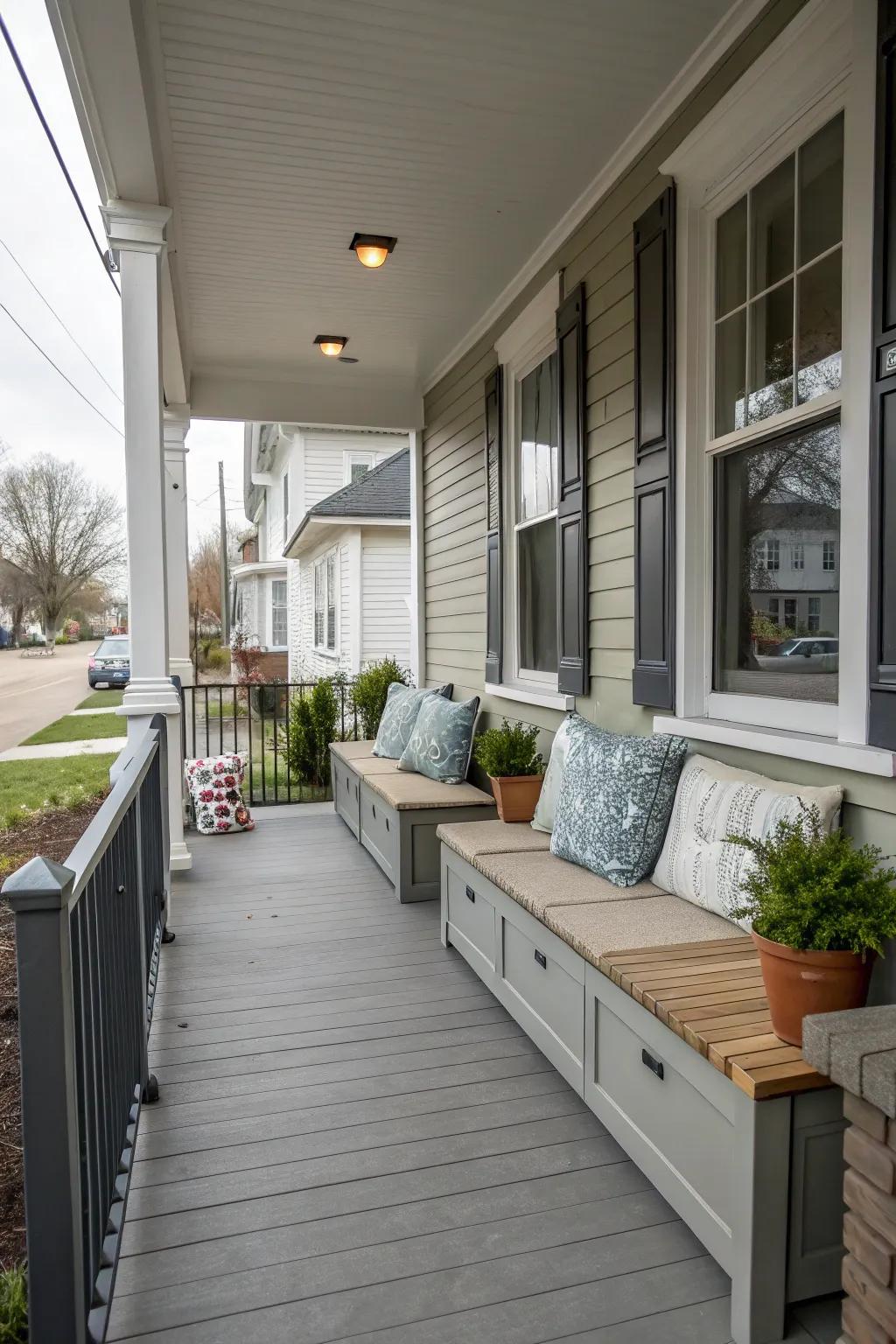 Built-in benches offer practical seating and storage solutions.