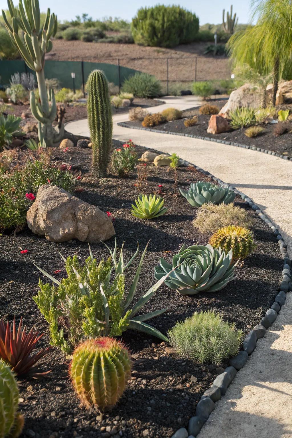 A drought-resistant garden using rubber mulch to conserve water effectively.