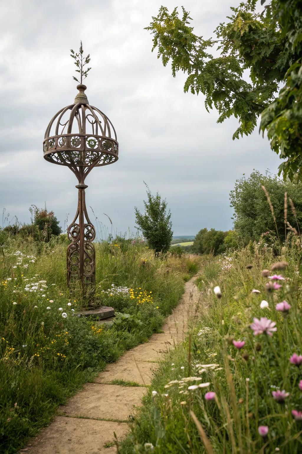 Sculptural elements add intrigue and artistry to gardens.