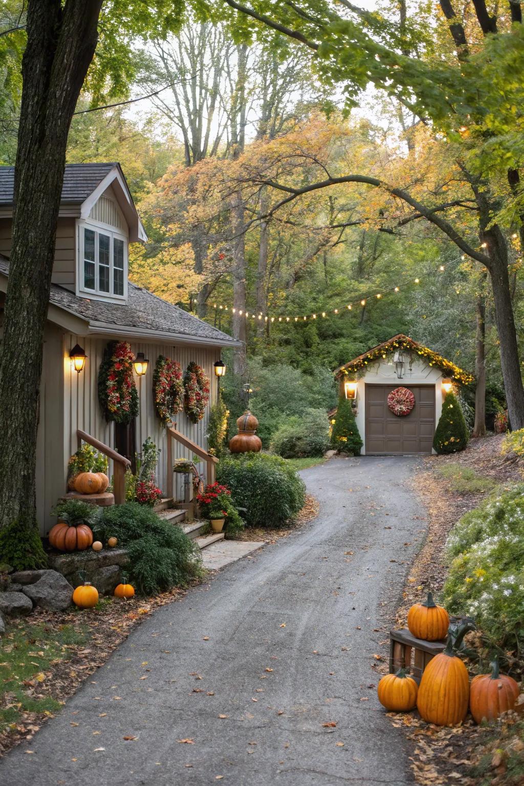 Seasonal decorations adding festive charm to a driveway entrance.