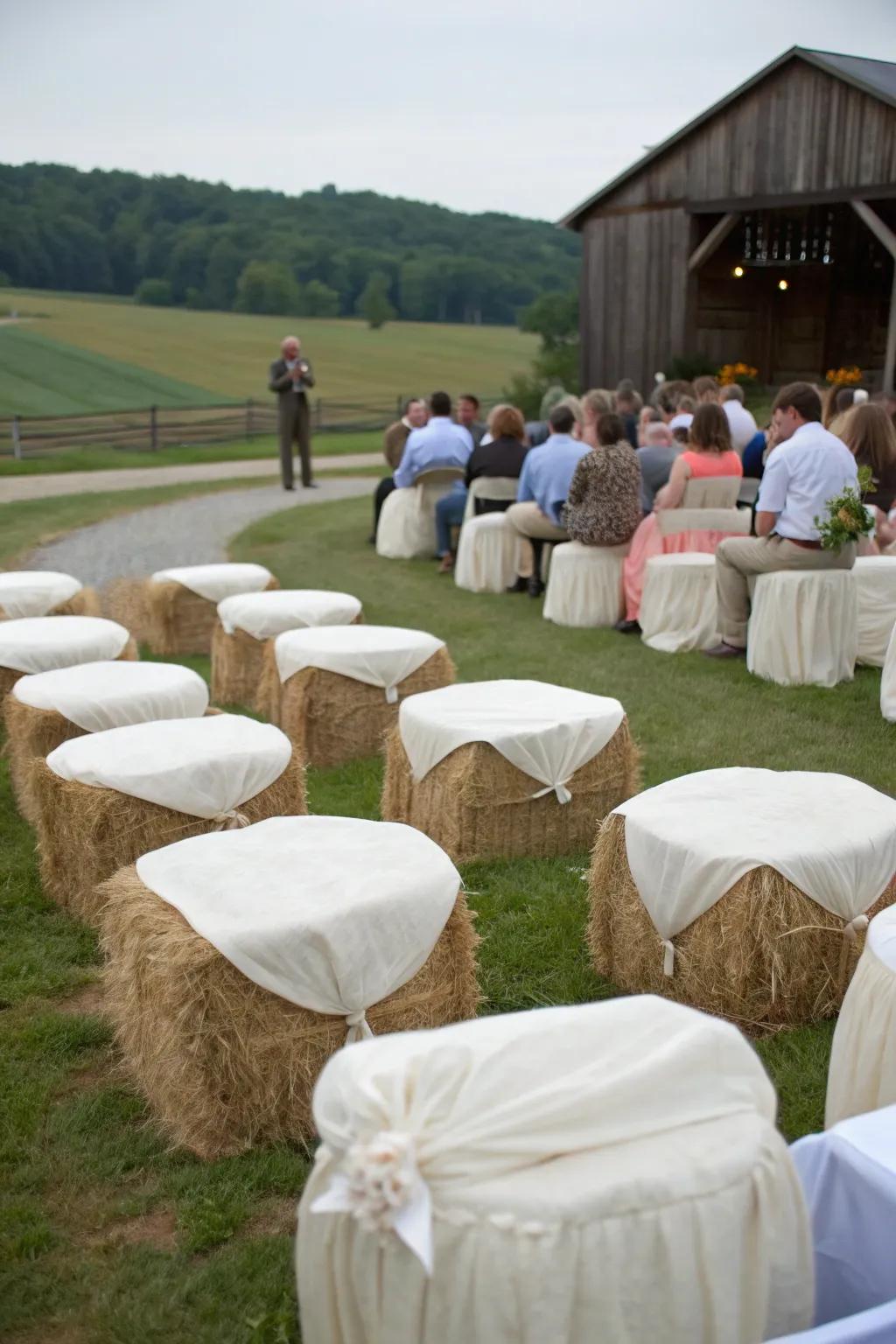 Cozy hay bale seating for a rustic backyard wedding.