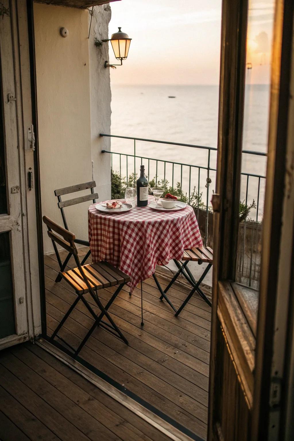 A rustic balcony ready for al fresco dining with a small, charming table setup.