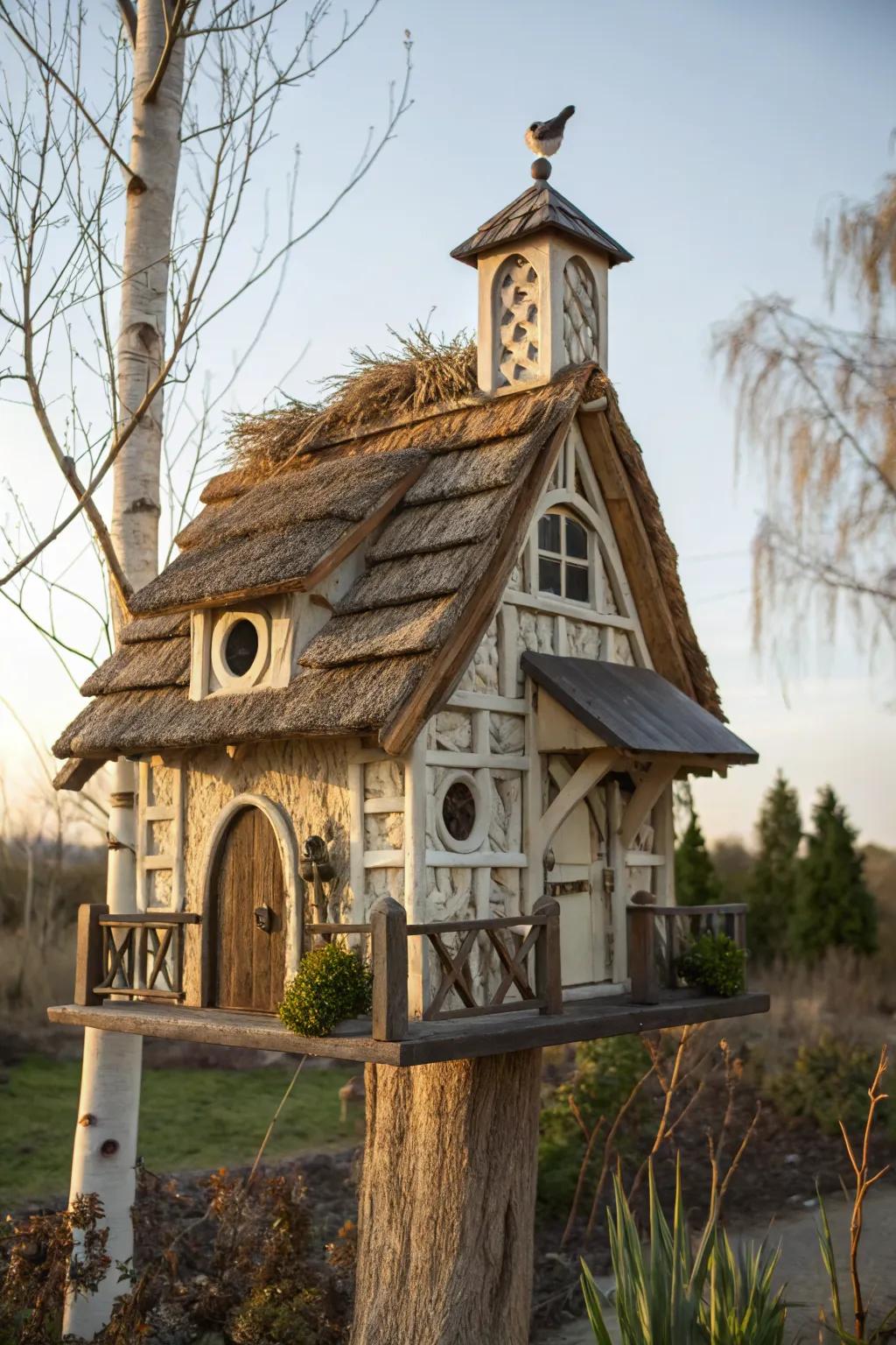 A charming birdhouse with delightful miniature windows.