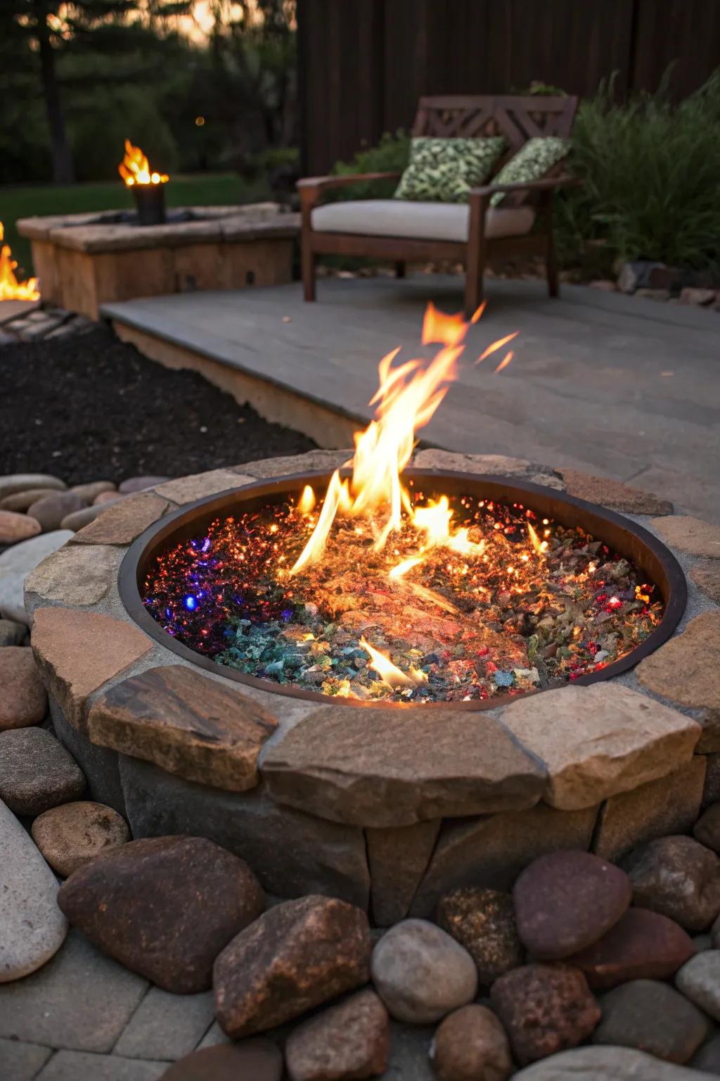 Fire glass adds a modern sparkle to a rustic fire pit setting.