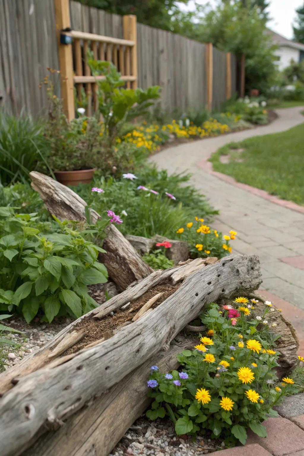 Driftwood adds a coastal rustic vibe to this flower bed.