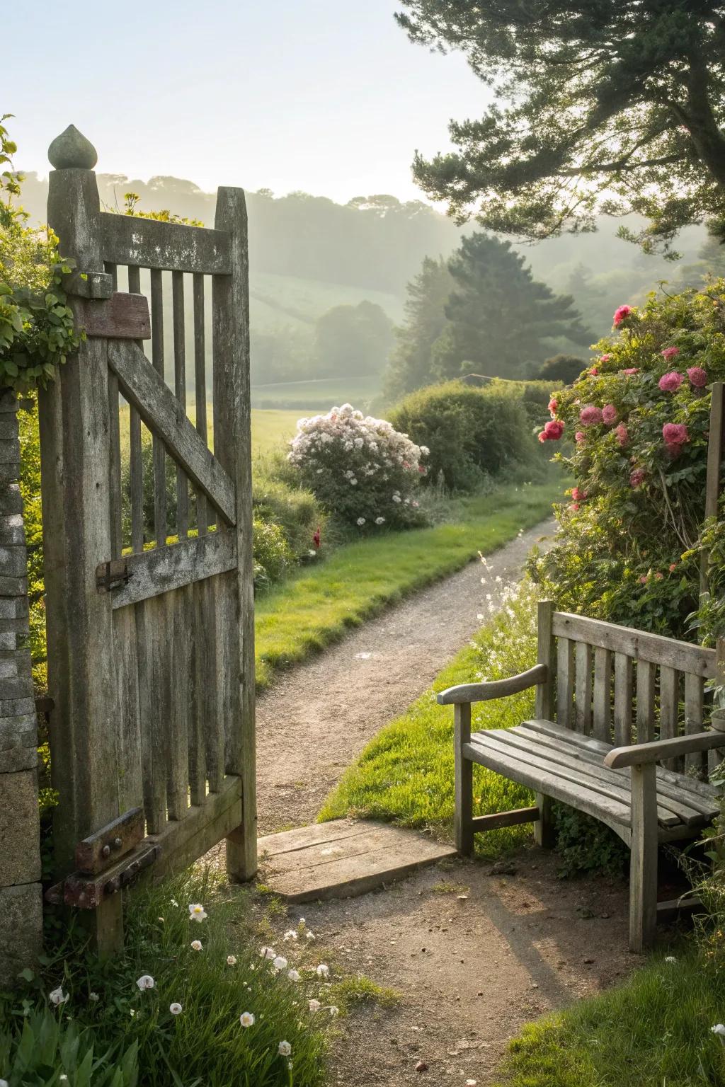 A bench by the gate for a peaceful garden pause