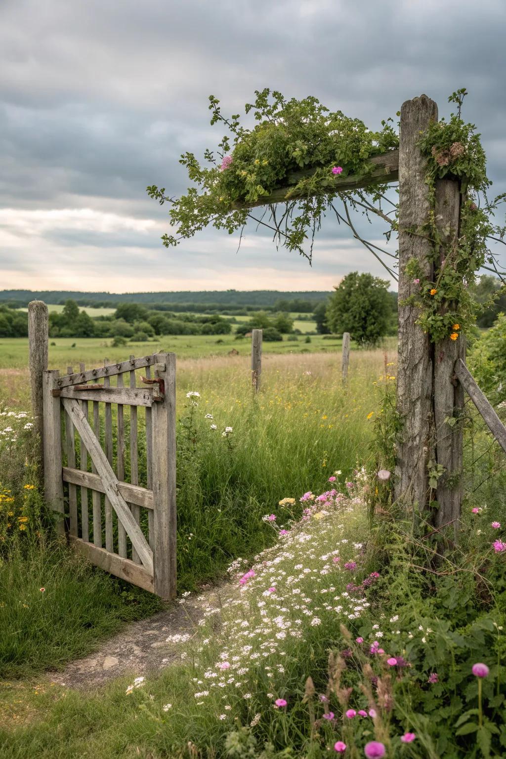 A country-style garden gate in a serene meadow setting.