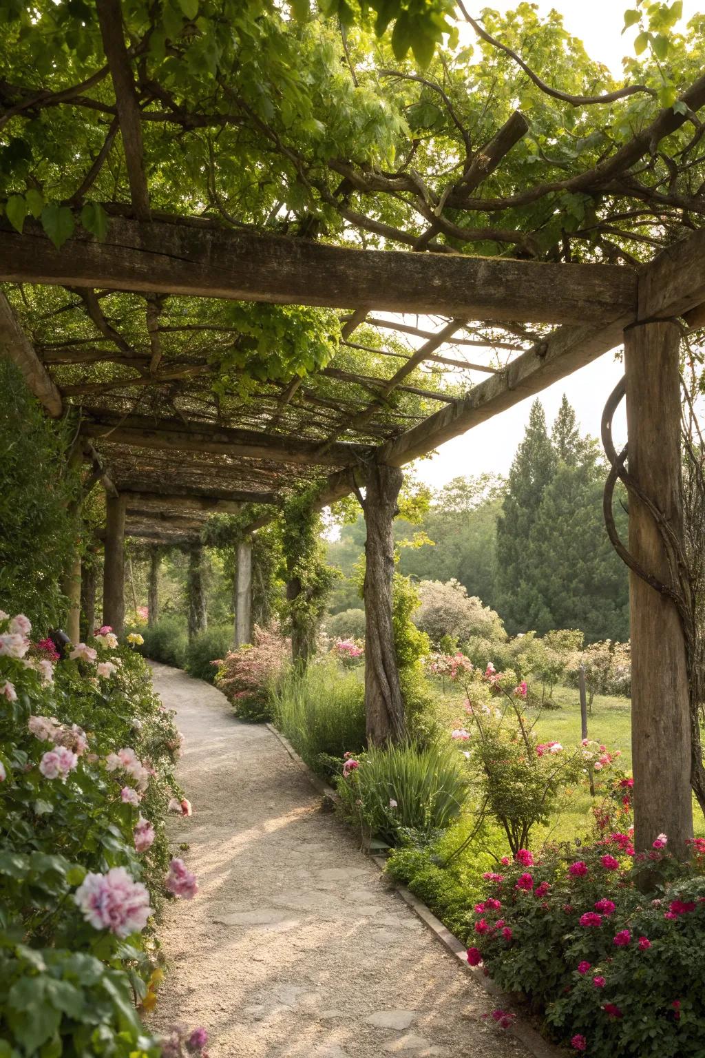 A rustic pergola offers a shaded garden retreat.