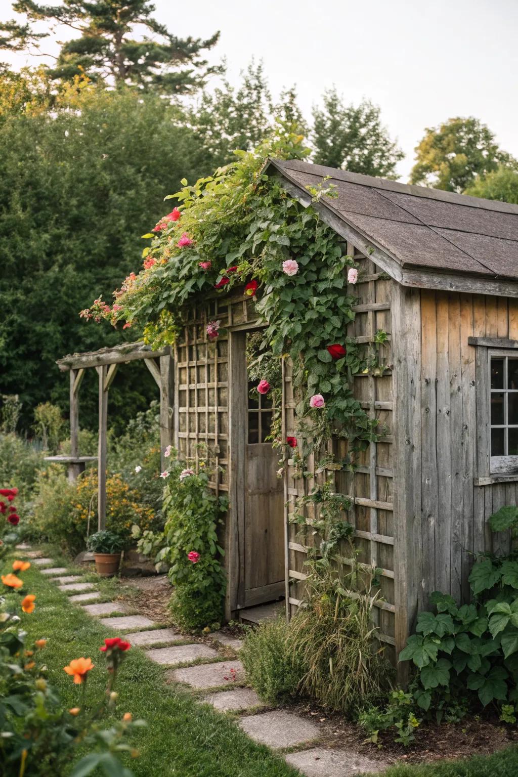 Trellises with climbing plants add lush beauty to this rustic shed.