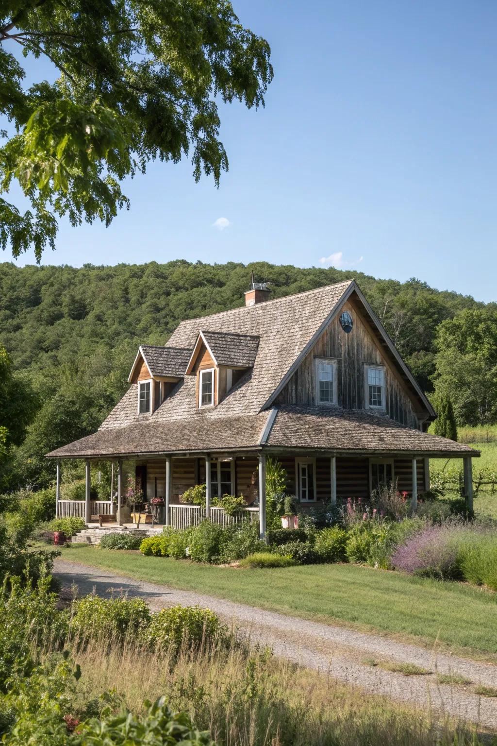 Gabled roofs and wide eaves complete the rustic look.