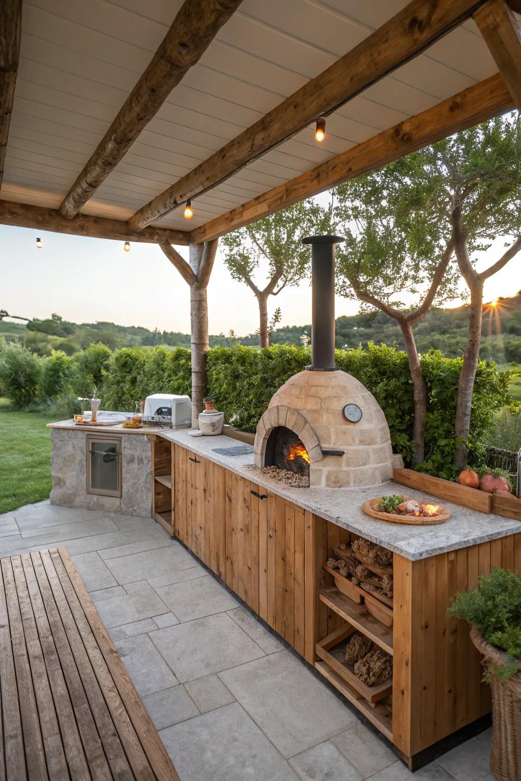Rustic outdoor kitchens offer a perfect setting for alfresco dining.