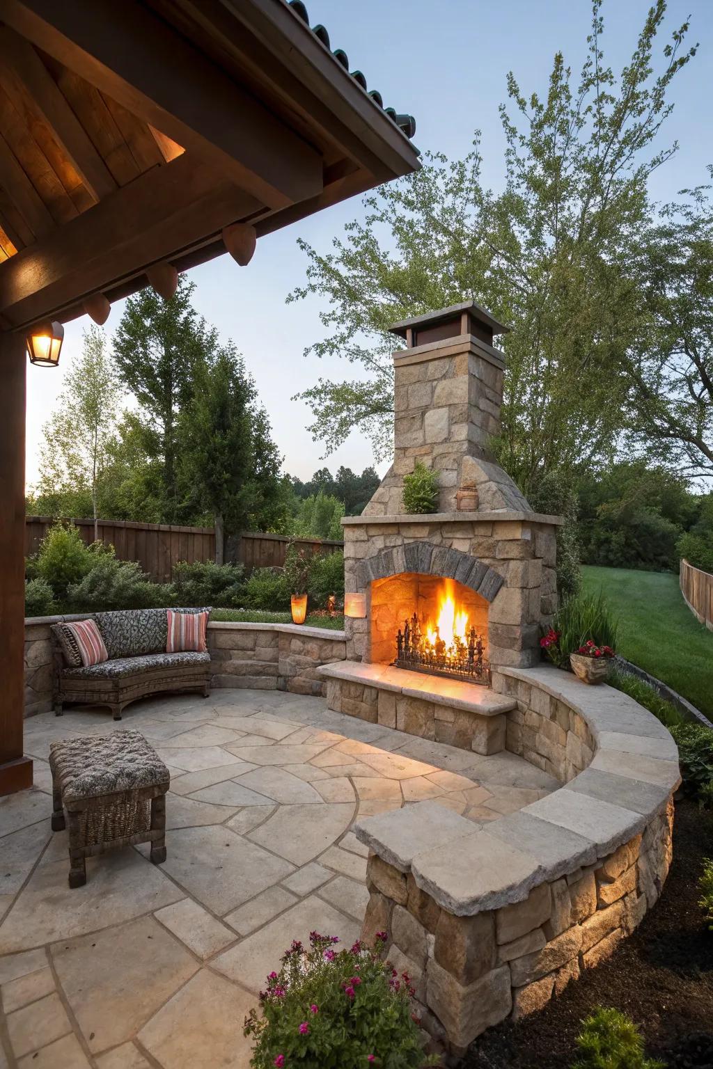 Built-in seating around the fireplace enhances functionality and style.